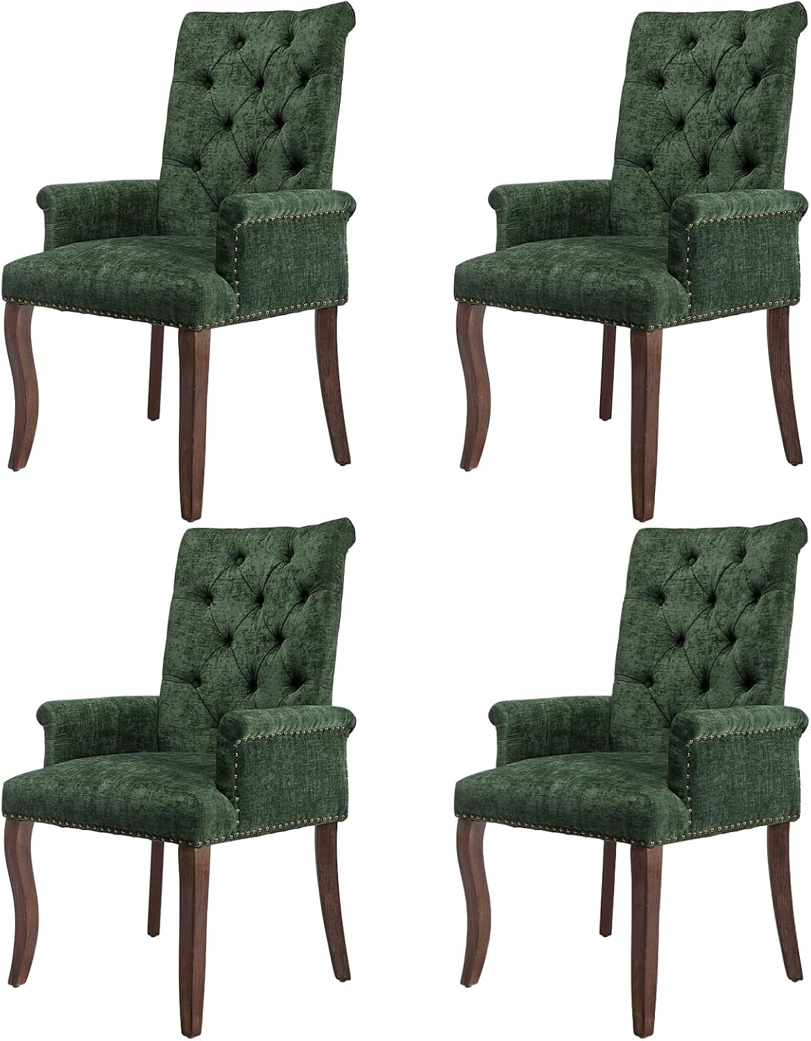cinkehome Set of 4 Upholstered Dining Chairs, Dining Room Kitchen Chair with Armrest and Solid Wood Leg, Mid Century Modern Side Chairs (Olive Green, Chenille)