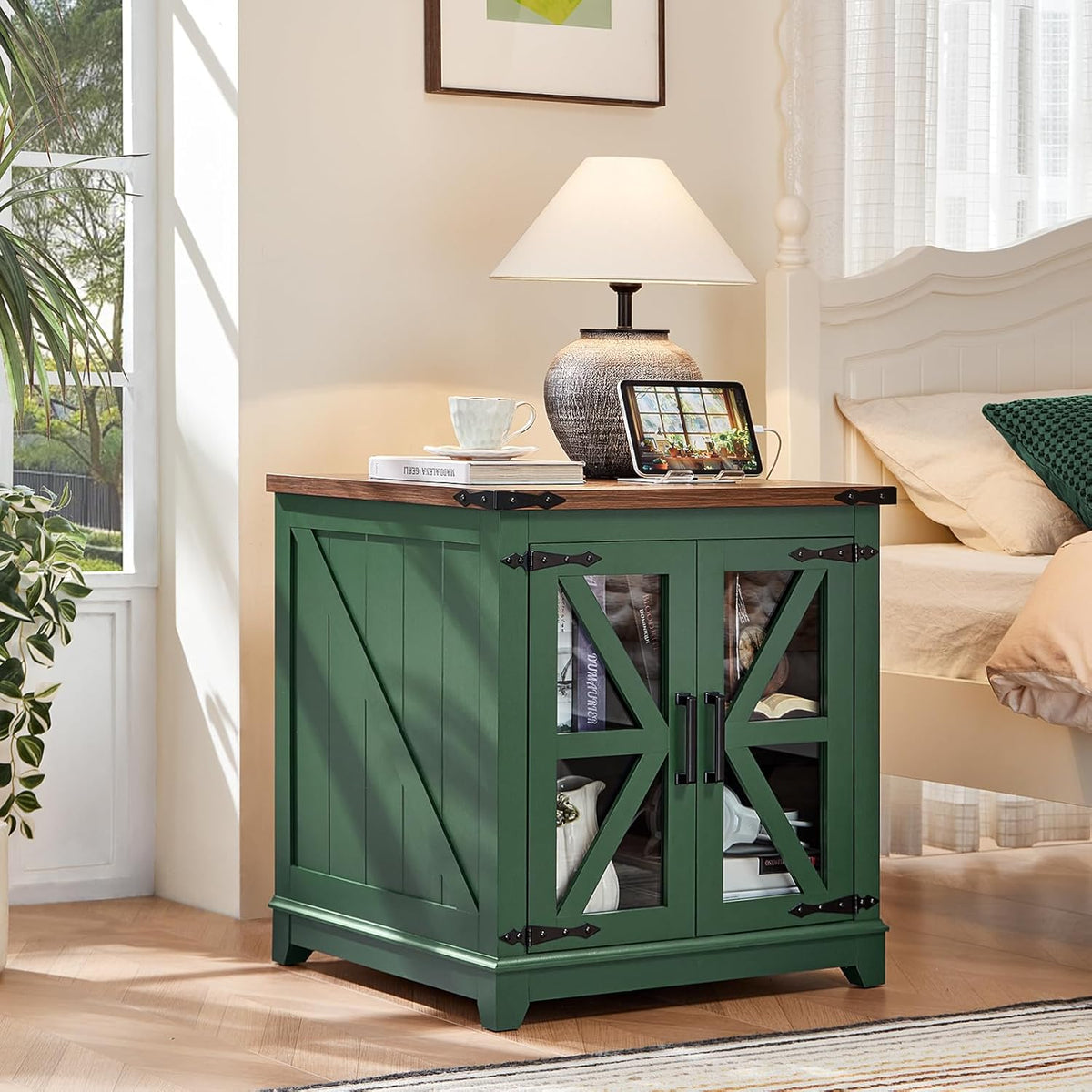 Joaxswe Farmhouse End Table with Charging Station, 24" Large Sofa Side Table with Glass Barn Door, Green Nightstand with Adjustable Storage Shelf, Wood Square Bedside Table for Living Room, Bedroom