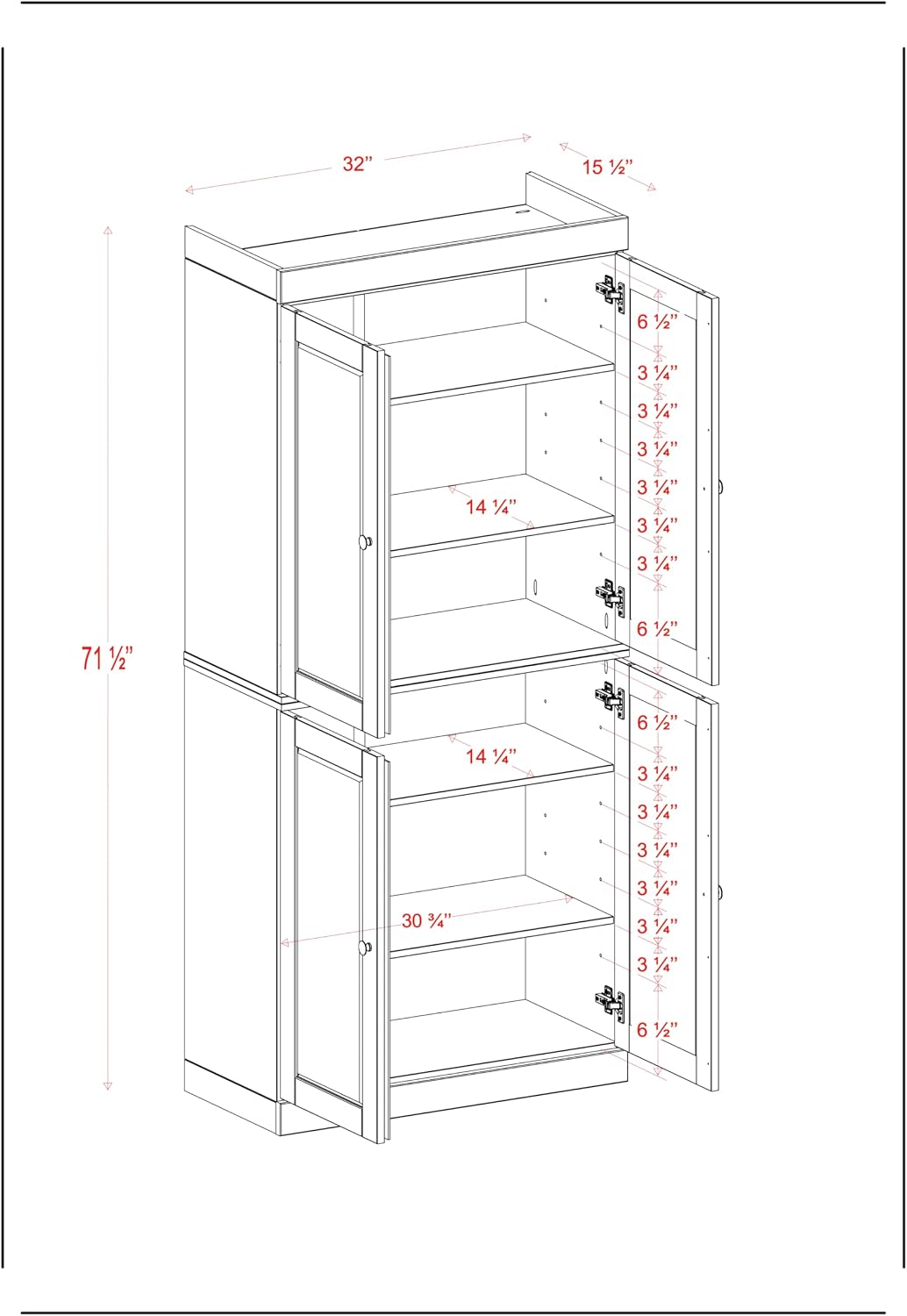 Palace Imports Solid Wood Kitchen Pantry Cabinet - 71.5" Tall x 32" Wide - Wooden Storage Cabinet with 4 Doors & Adjustable Shelves, Black, 100% Renewable Eco-Friendly Wood, Made in Brazil