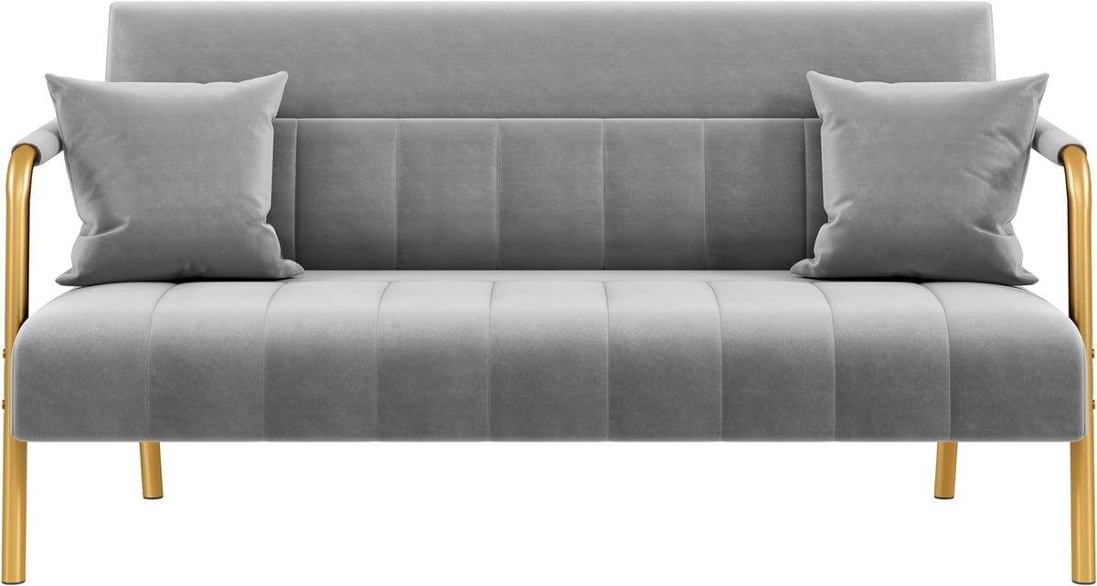 Yaheetech 56.5" Small Sofa 2 Seater Couch with Gold-Tone Legs, Light Gray