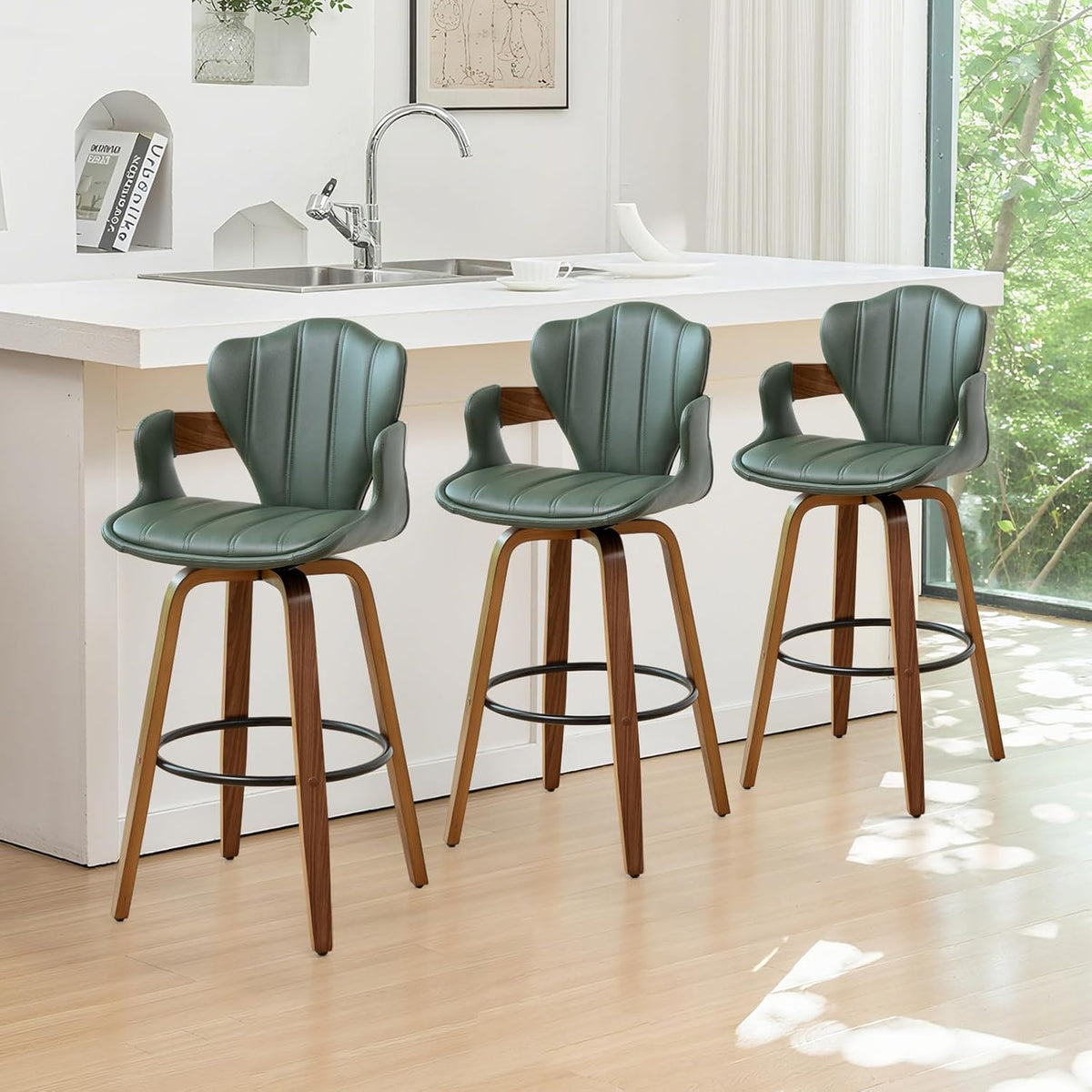 24.8" Swivel Bar Stools Set of 3,Mid Century Modern Counter Height Bar Stools,Green Upholstered Faux Leather Counter Stools with Arms and Fishtail-shaped Back,Walnut Wood Frame Home Bar Chair