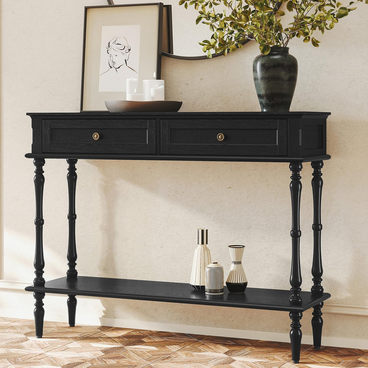 ARTPOWER Console Table for Entryway with 2 Drawers, 10 mins Assembly, Black | Solid Wood Veneer Entry Table, Behind Couch Sofa Table with Open Storage Shelf for Living Room, Foyer, Hallway