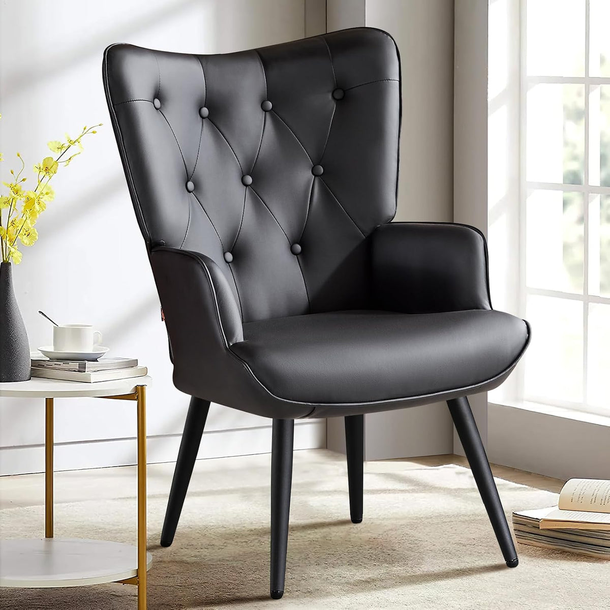 Furniliving PU Leather Accent Chair for Living Room, Upholstered Reading Chair with High Backrest, Tufted-Button Wingback Armchair for Bedroom, Dressing Room, Home Office, Black