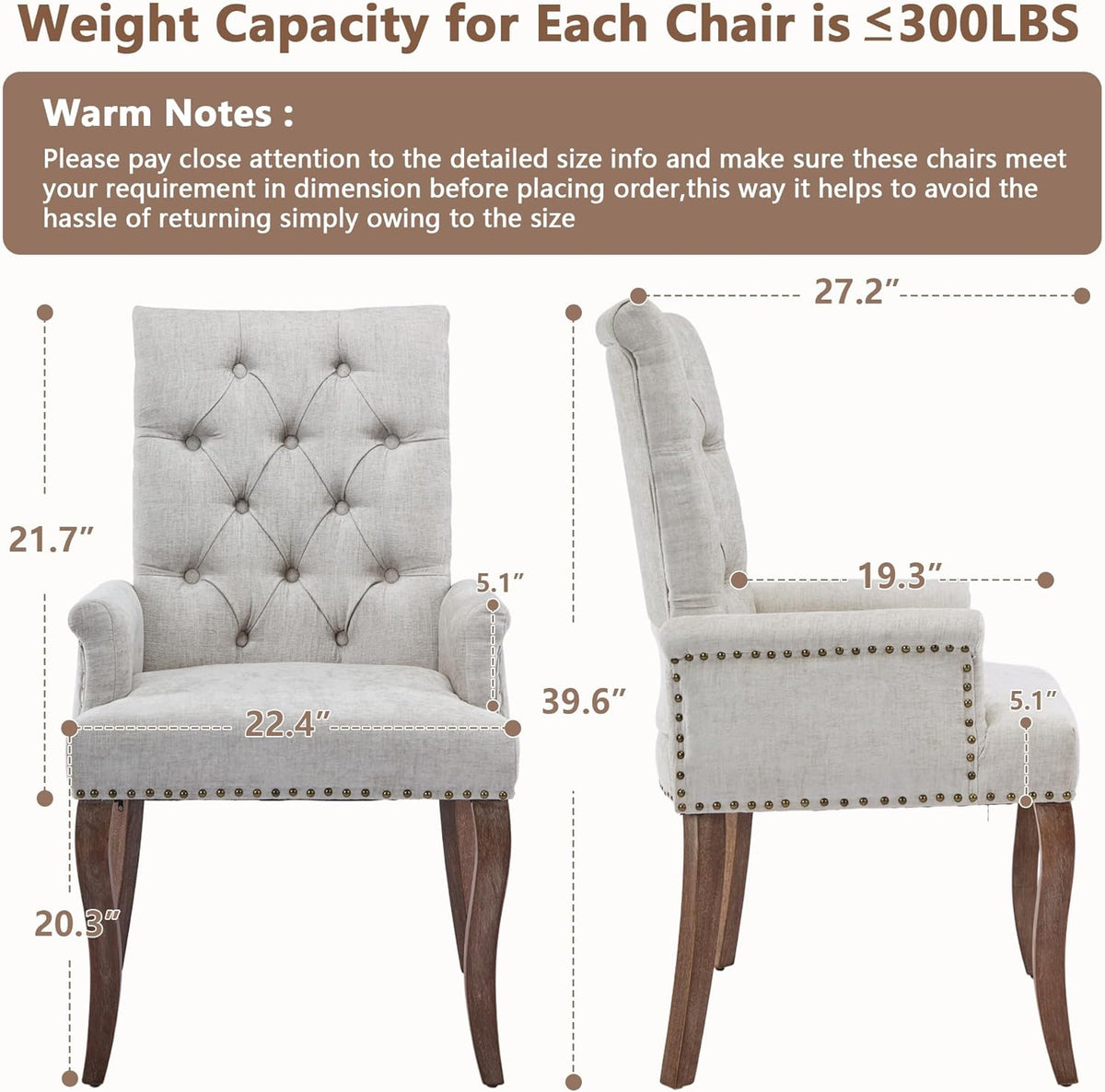 mikibama Chenille Upholstered Dining Chairs with High Back,Vintage Tufted Kitchen Chairs with Rolled Arms,Farmhouse Fabric Accent Side Chair with Arms for Living Room,Single Pack (1, Beige)