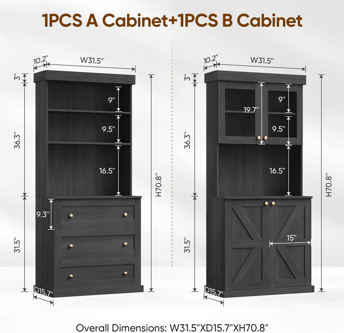 71" Farmhouse Kitchen Pantry Cabinet Freestanding Coffee Bar with Glass Doors or Drawers, Microwave Stand, Large Storage Hutch with Adjustable Shelves for Kitchen and Living Room，Black 3pcs