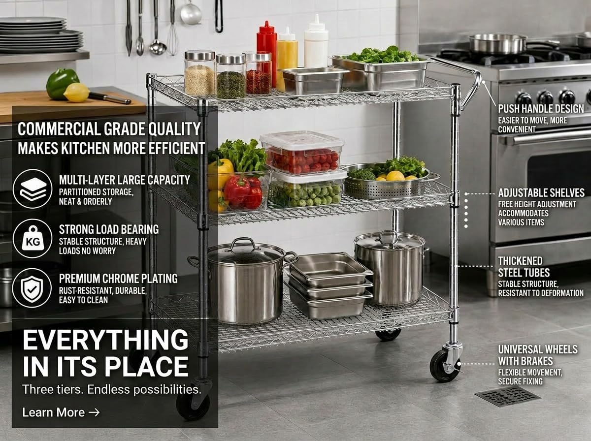 Heavy Duty 3 Tier Rolling Utility Kitchen Cart on Wheels,Large 45"L x 17 1/2"D x 45"H Metal Serving Cart Commercial Grade with Wire Shelving and Handle Bar for Office School Church Kitchen Hardware