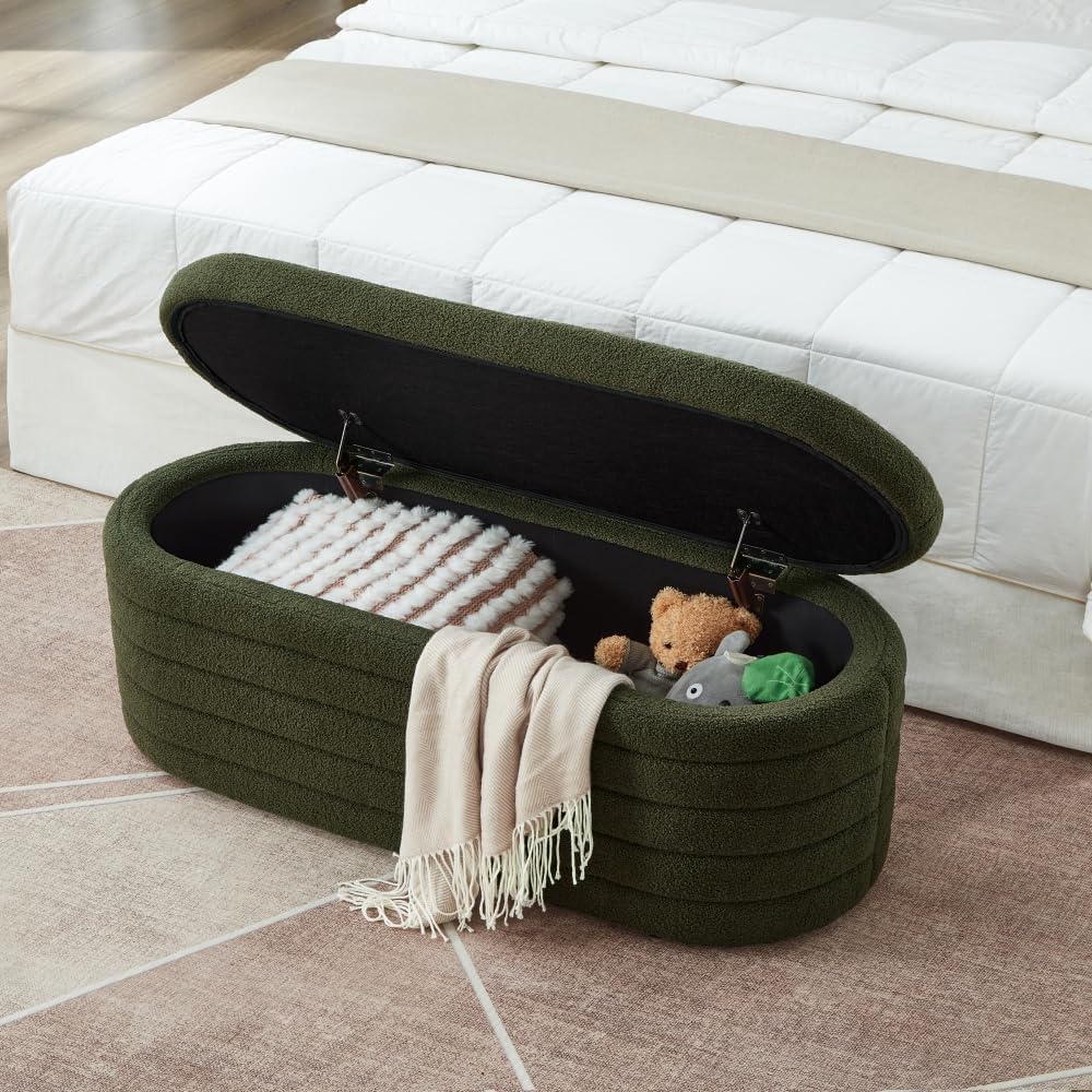 Modern Oval Storage Ottoman Bench, Upholstered Boucle Teddy Fabric End of Bed Bench with Storage, End of Bed Stool with Safety Hinge for Bedroom, Living Room, Entryway, White (Dark Green)
