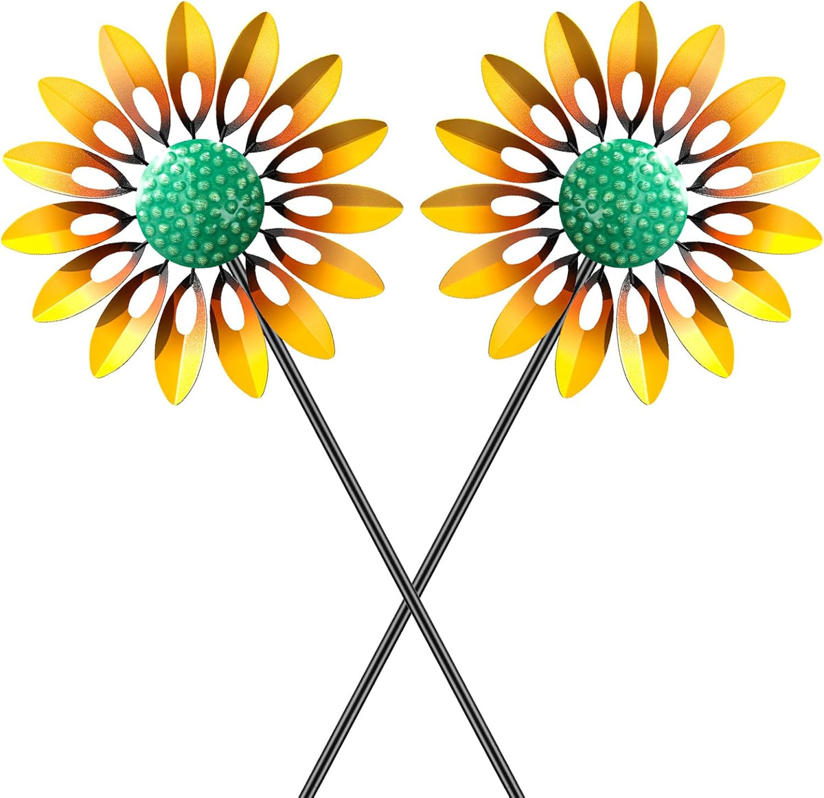 2pcs Sunflower Wind Spinner Outdoor, Freestanding Kinetic Wind Sculpture with Stake, Metal Windmill for Outside Garden Lawn Yard Art Decorations Yellow