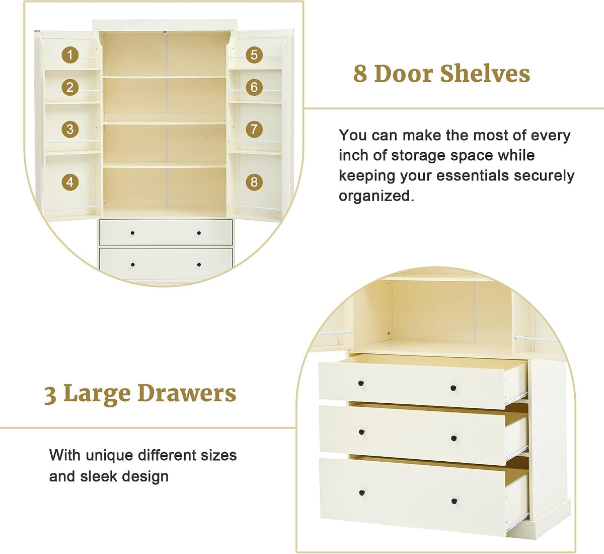 Farmhouse Kitchen Pantry,Extra Large Kitchen Pantry Cabinet, Freestanding Tall Cupboard Storage Cabinet with 3 Adjustable Shelves, 8 Door Shelves, 3 Drawers for Dining Room (Cream)