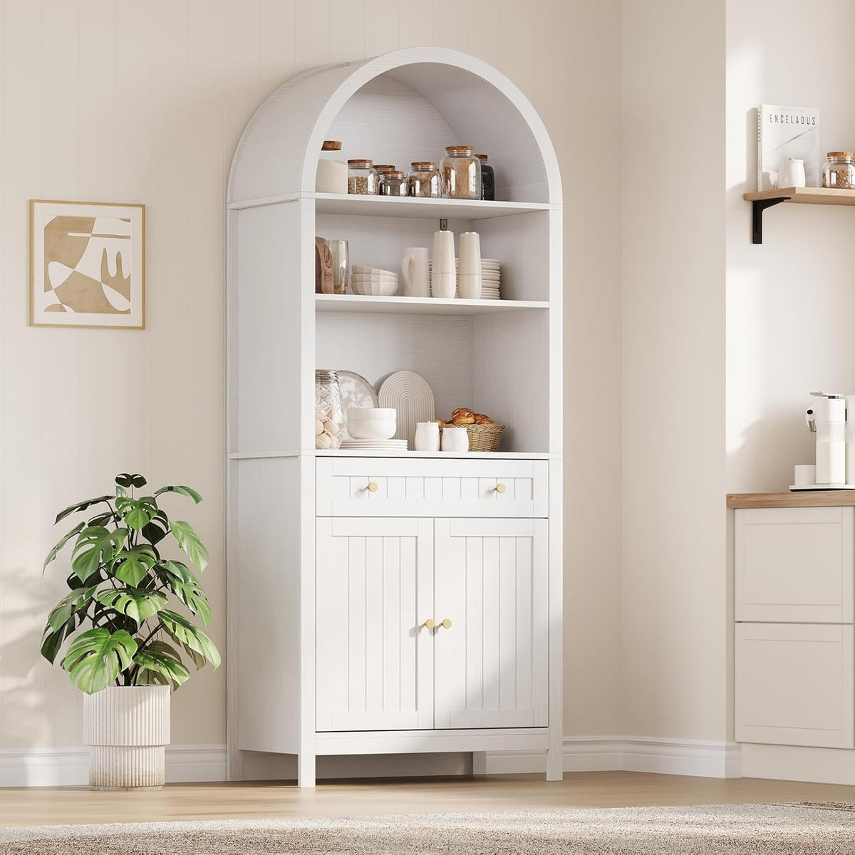 73" Tall Arched Cabinet, Arched Kitchen Pantry with Adjustable Shelves, Modern Display Storage Cabinets, Wooden Pantry Cabinet for Living Room, Dining Room