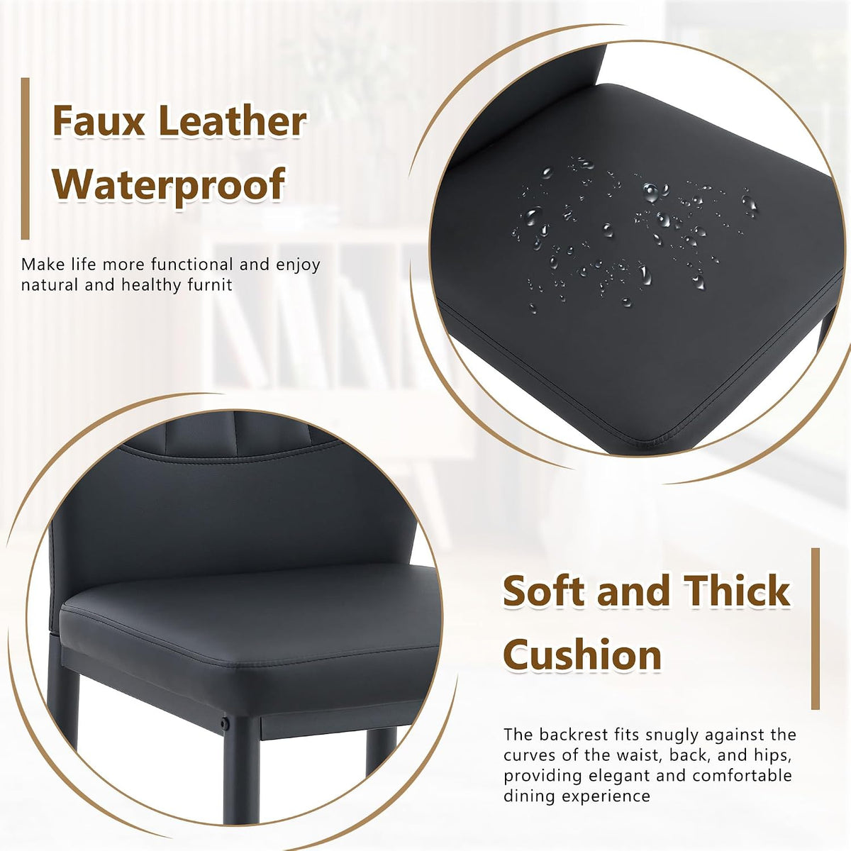 Modern Dining Chairs Set of 4，Black Dining Room Chairs Set, Comfy Kitchen Faux Leather Upholstered Chairs with Mental Legs， Easy Assembly