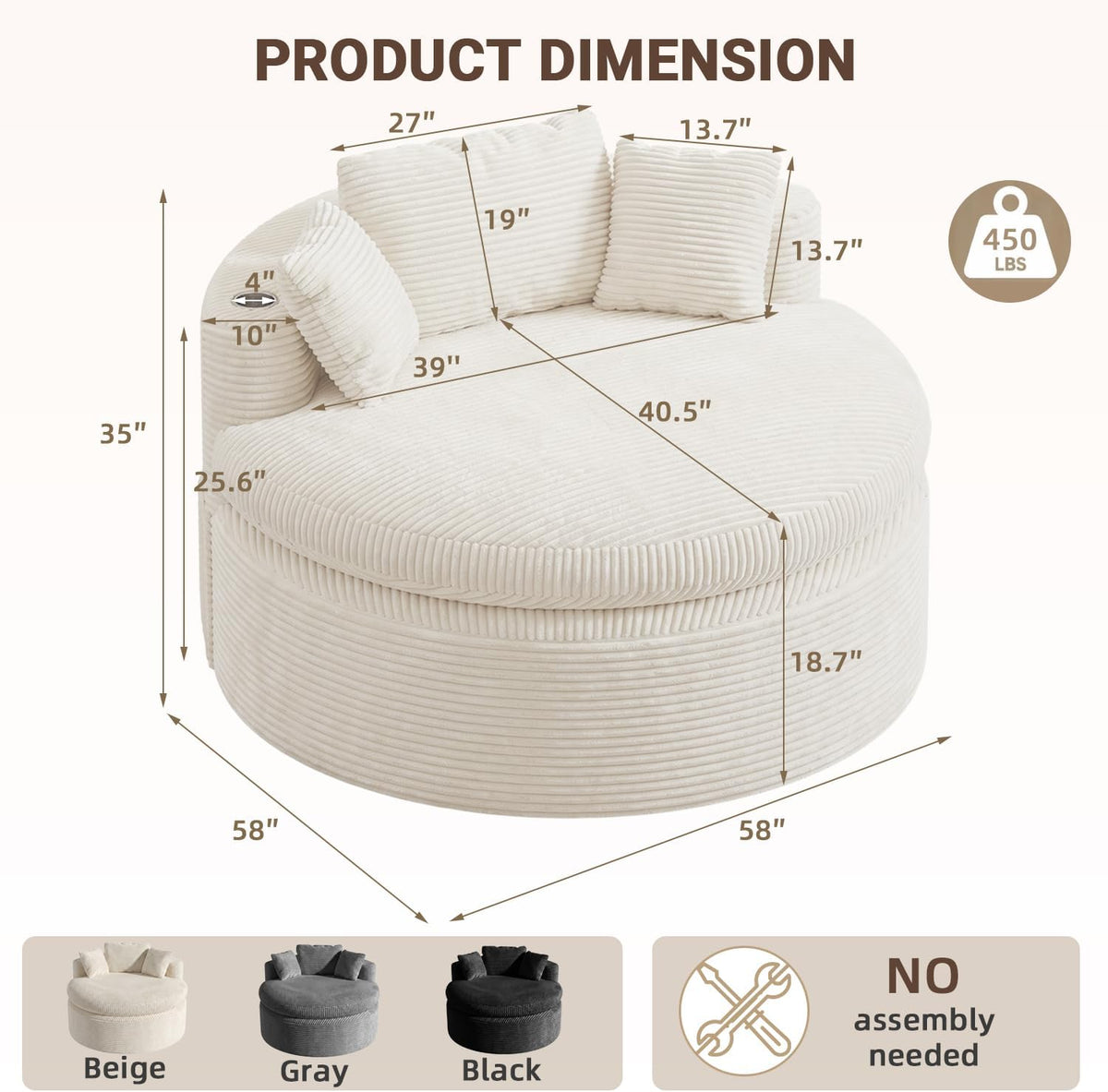Oversized Round Chair Lounge Chaise Indoor, 58'' Modern Upholstered Corduroy Deep Seat Cloud Sofa Bed, No Assembly Required Floor Chair with 3 Pillows for Living Room, Bedroom, Reading, Beige