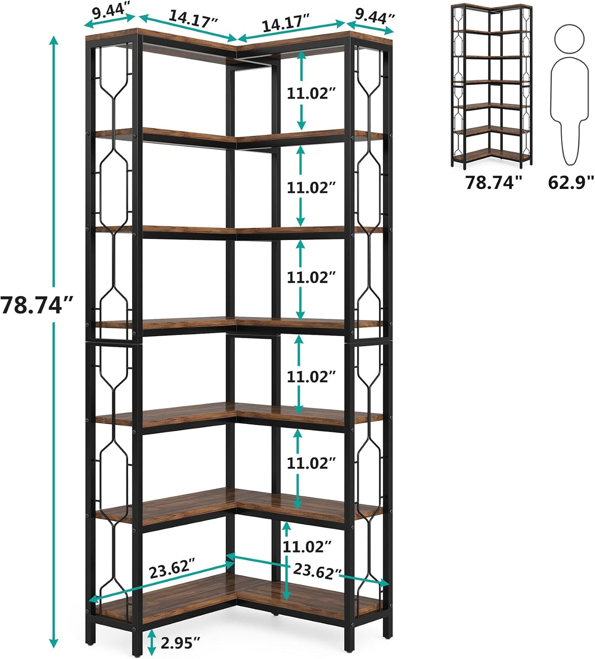 Tribesigns Corner Shelf, 7-Tier Industrial Corner Bookshelf and Bookcase | Freestanding Display Shelf for Living Room, Wood and Metal Corner Book Shelves, Corner Bookcase for Home Office, Rustic Brown