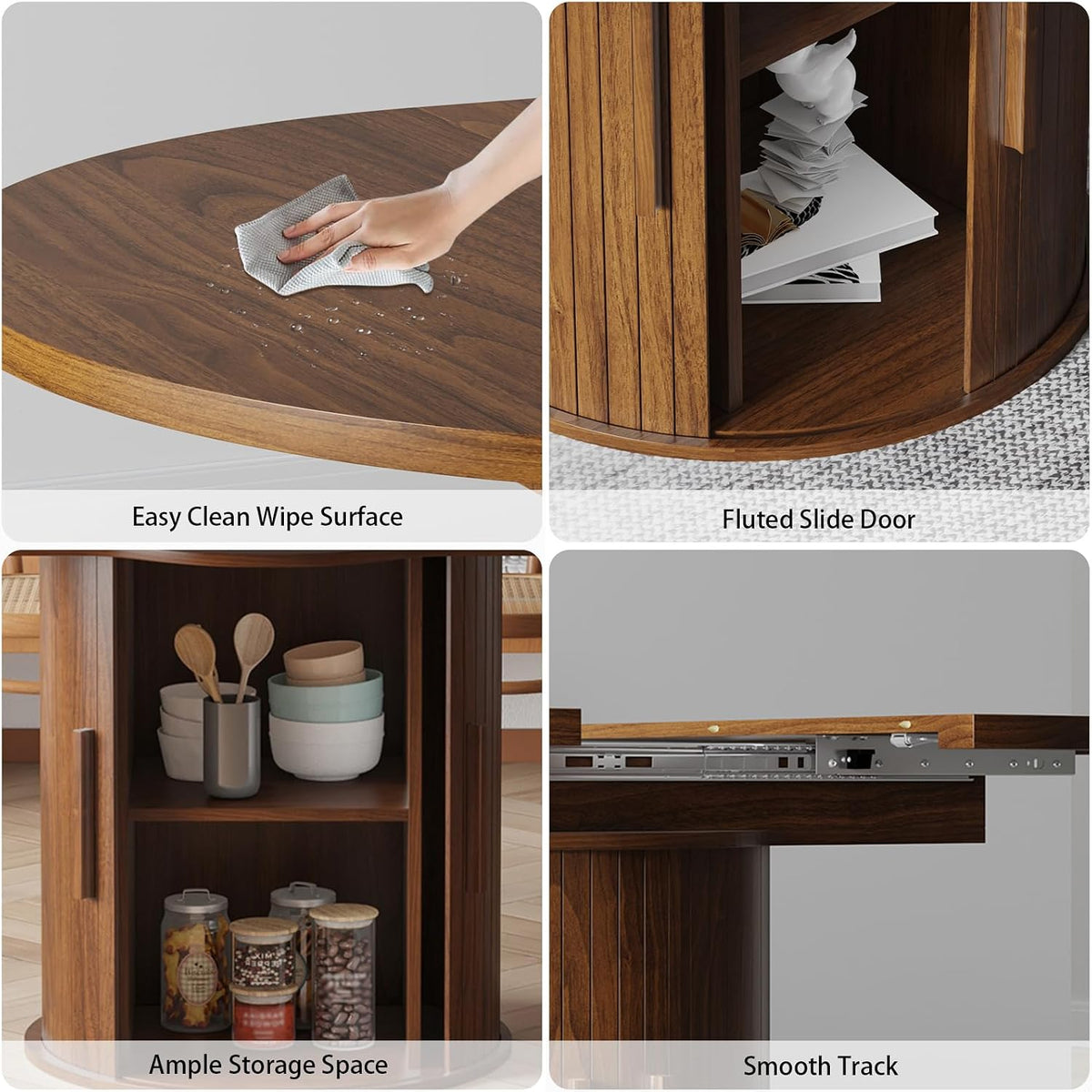 Expandable Dining Table,Round Wooden Kitchen Table,Double Layered Storage Space with Partitions,Equipped with Circular Sliding Doors, Suitable for Kitchen (Expandable Dining table-Walnut-02)