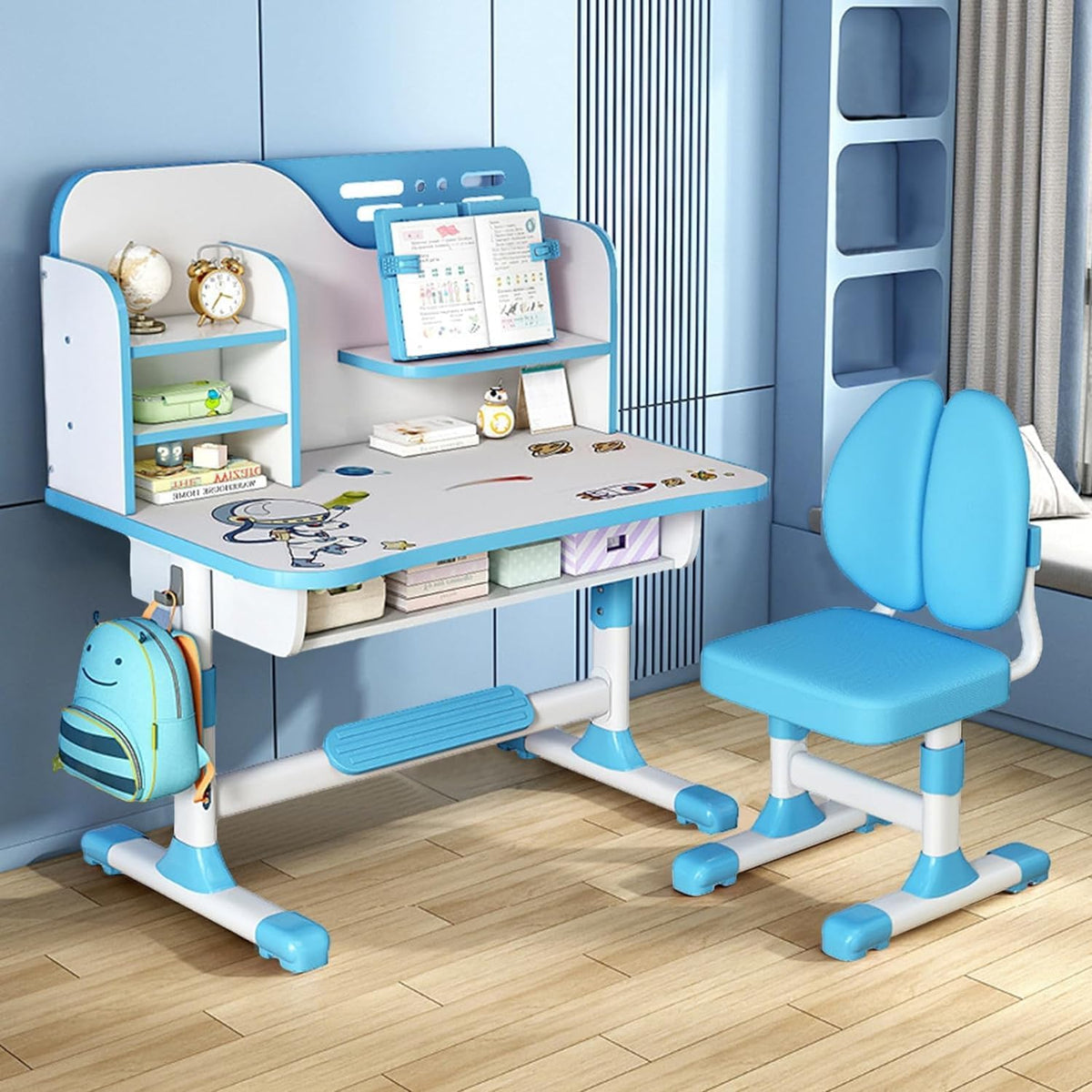 Kids Functional Desk and Chair Set, Ergonomic Height Adjustable Children School Study Desk with Storage, Book Stand, Metal Hook and Drawer for Boys Girls (Blue)