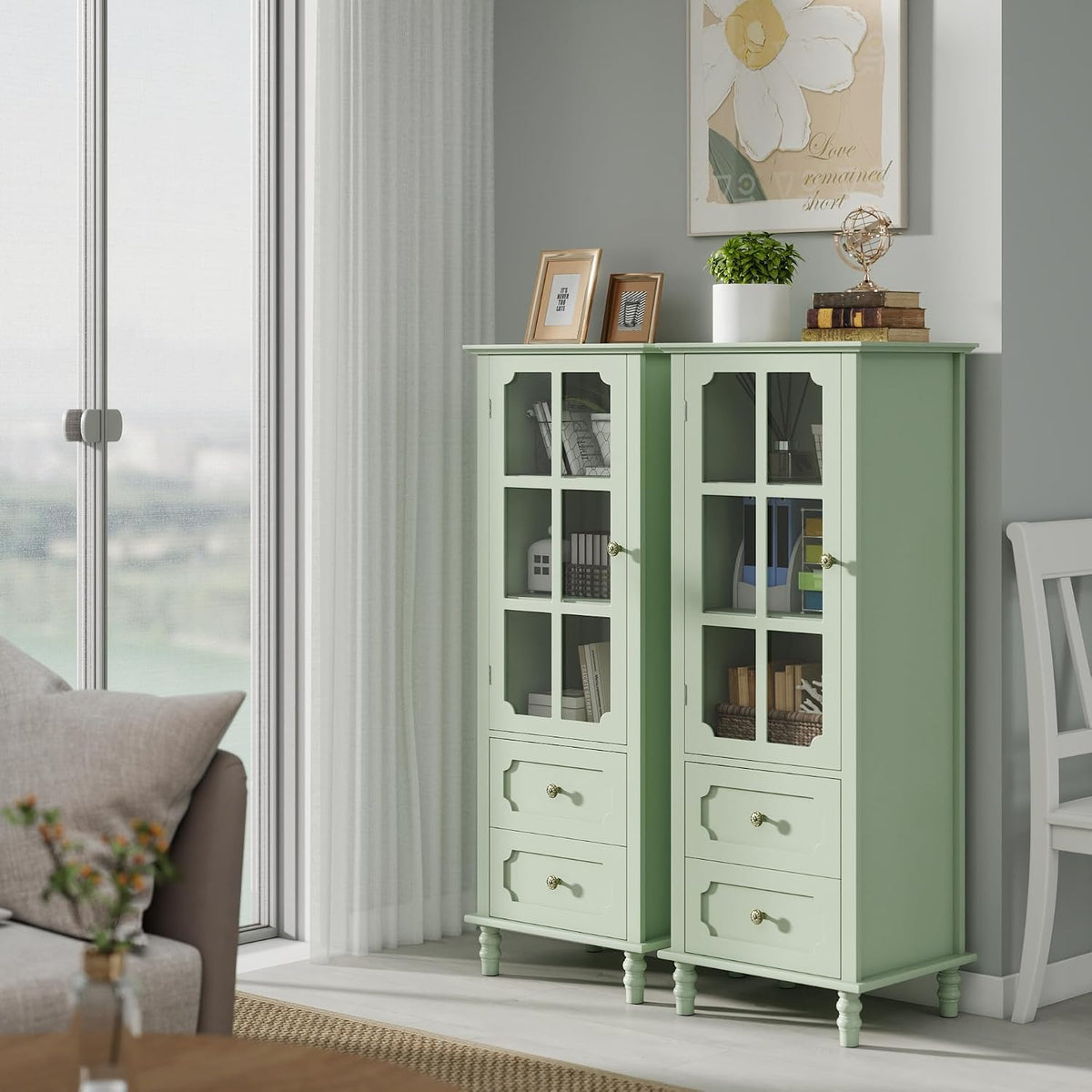 CNXINHUISUAN Minimalist Sideboard - Modern Buffet Cabinet with Glass Doors & 2 Drawers, Wood Storage Console for Dining Room & Entryway (Mint Green)