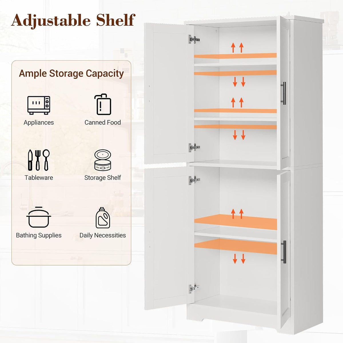 IDEALHOUSE Pantry Cabinet,70" Tall Kitchen Pantry Cabinet with 4 Doors and 3 Adjustable Shelves, Freestanding Cupboard, Modern Storage Cabinet for Bathroom, Dining Room, Living Room (White)