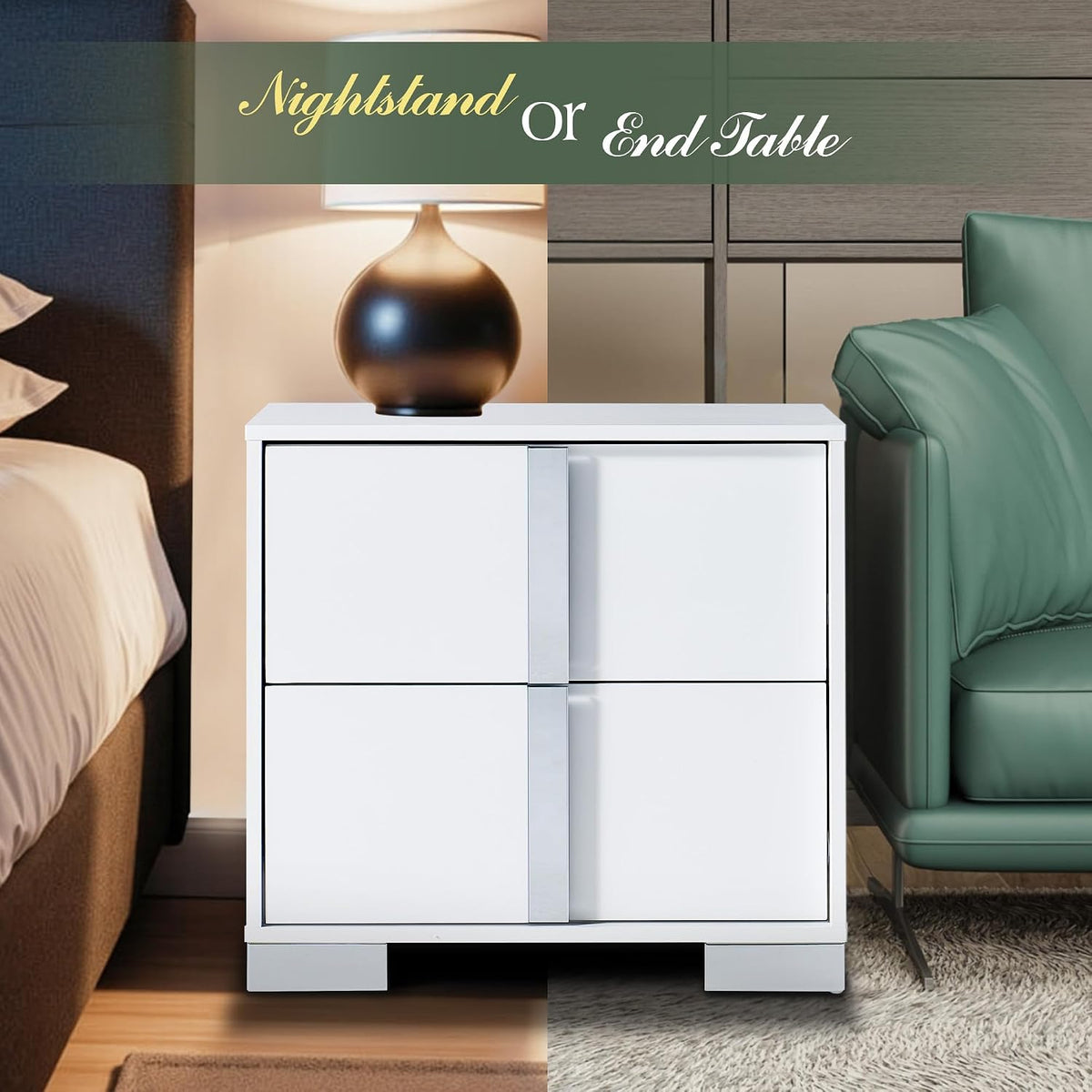 AMERLIFE Modern Nightstand, 23.6" End Table with 2 Drawers, White | Bedside Table for Bedroom, High Gloss UV Finish, Electroplated Pull Handle & Legs