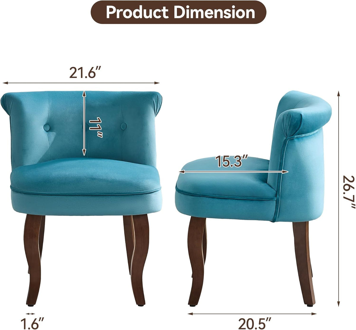 WUTUTUEE Velvet Vanity Chair with Back, Tufted Upholstered Vanity Stool with Solid Wood Legs, Mid Century Small Makeup Chair for Vanity, Accent Chair for Bedroom, Living Room, Teal