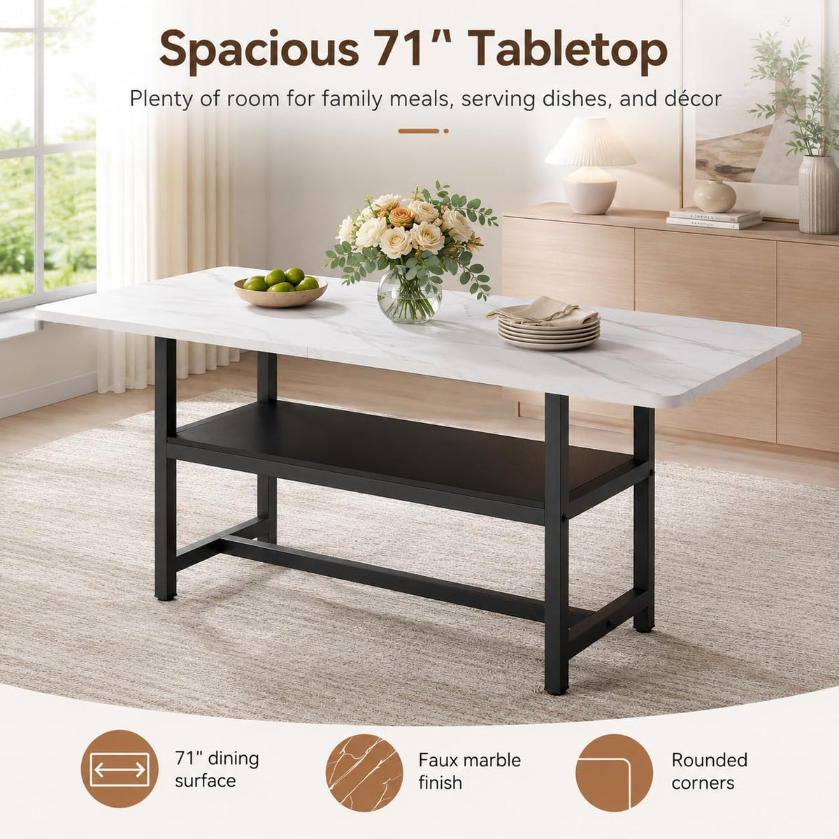 Dining Table for 6, 71" Rectangle Kitchen Table with Storage Shelf, Dinner Table Full White Faux Marble Top & Black Metal Frame for Dining Room Home Office – White