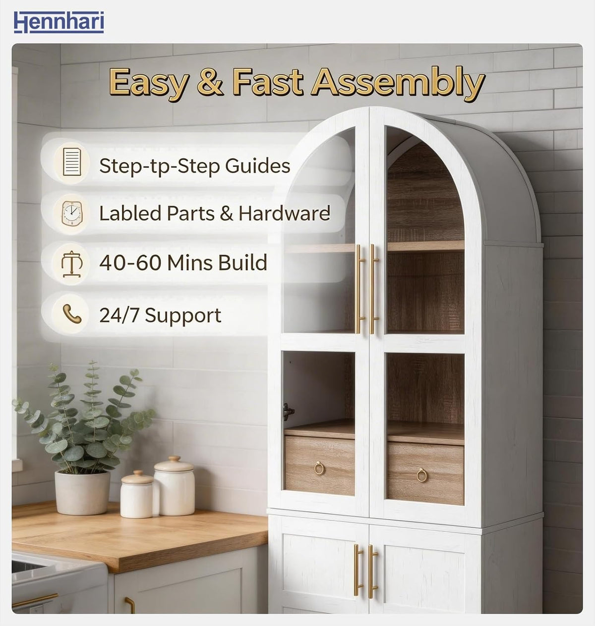 71" Tall Storage Cabinet with Arched Glass Doors, Pantry Cabinet with Solid Doors & Adjustable Shelves, Freestanding Kitchen Display Cabinet for Dining Room, Living Room (White)