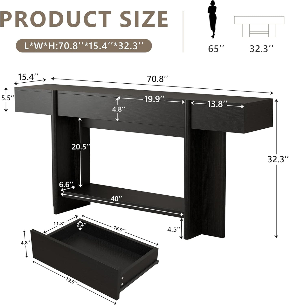 Einhomn 70.8" Long Console Table, 2 Drawer Entryway Table with Colorful LED Lights, Farmhouse Entry Way Table with Open Storage, Narrow Long Sofa Table for Entrance, Living Room, Hallway, Black