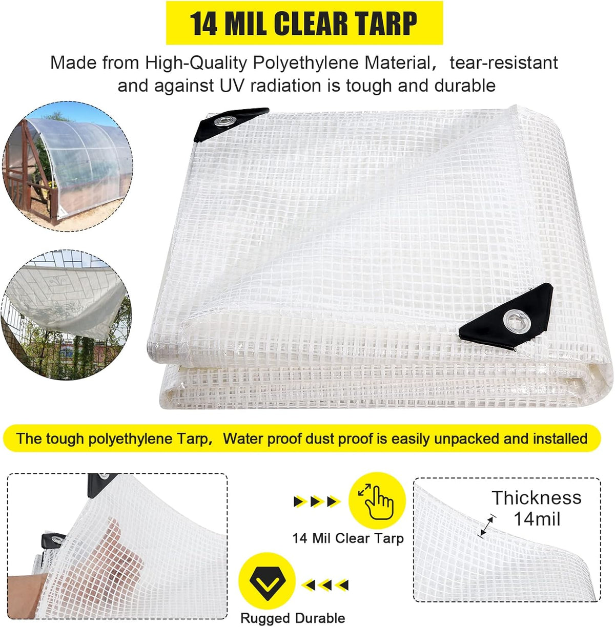 Clear Greenhouse Heavy Duty tarp 14 Mil Clear Waterproof Cover,UV Resistant Poly Tarp with Grommets 8x6ft Superior Strength,for Gardening, Farming, Nursery, Garden