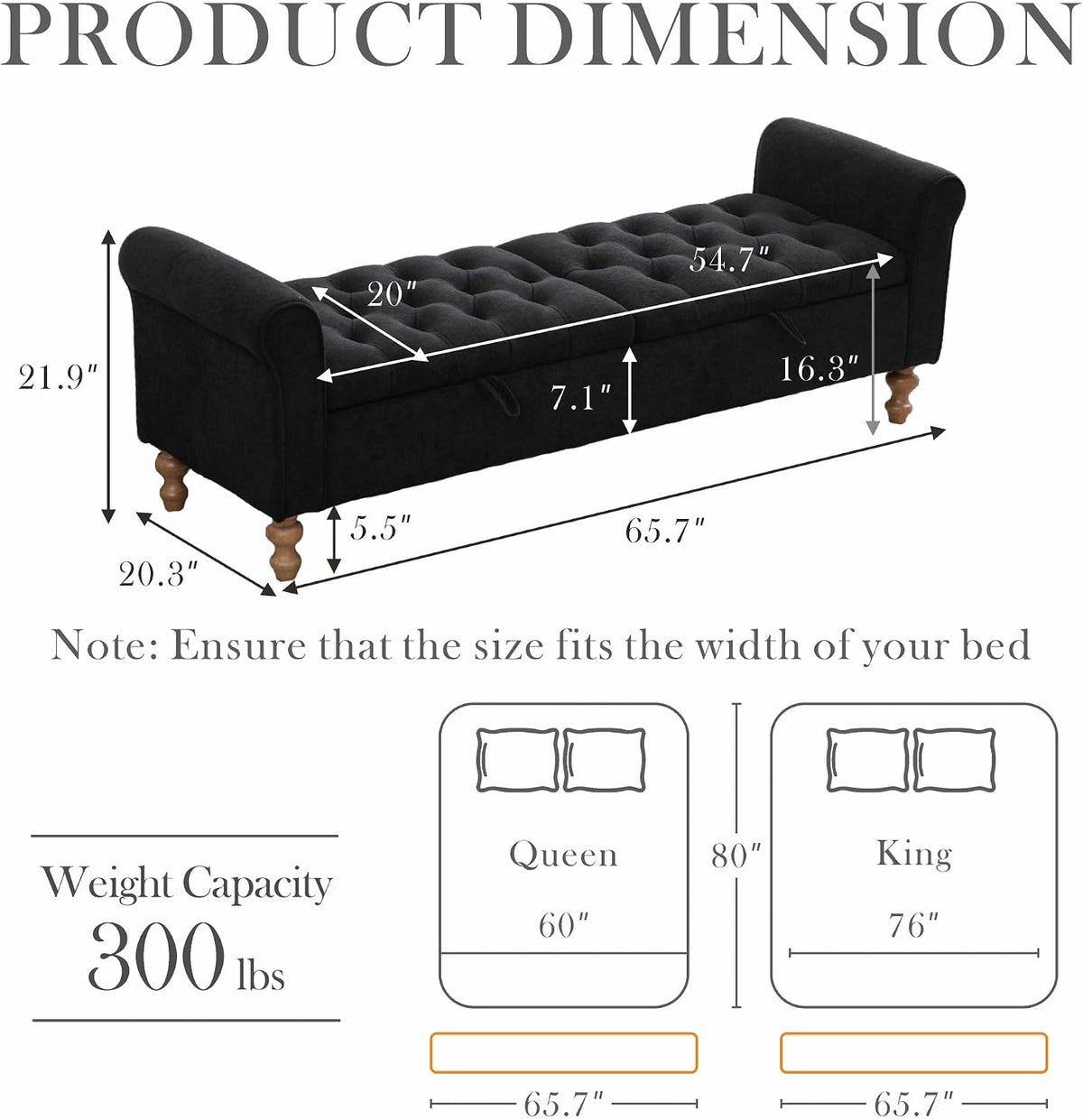 Aoiy & Wifon 65.75" W Large Storage Ottoman Bench, Modern King Size End of Bed Storage Bench with Wood Legs, Upholstered Window Bench for Bedroom, Living Room, Entryway, Black