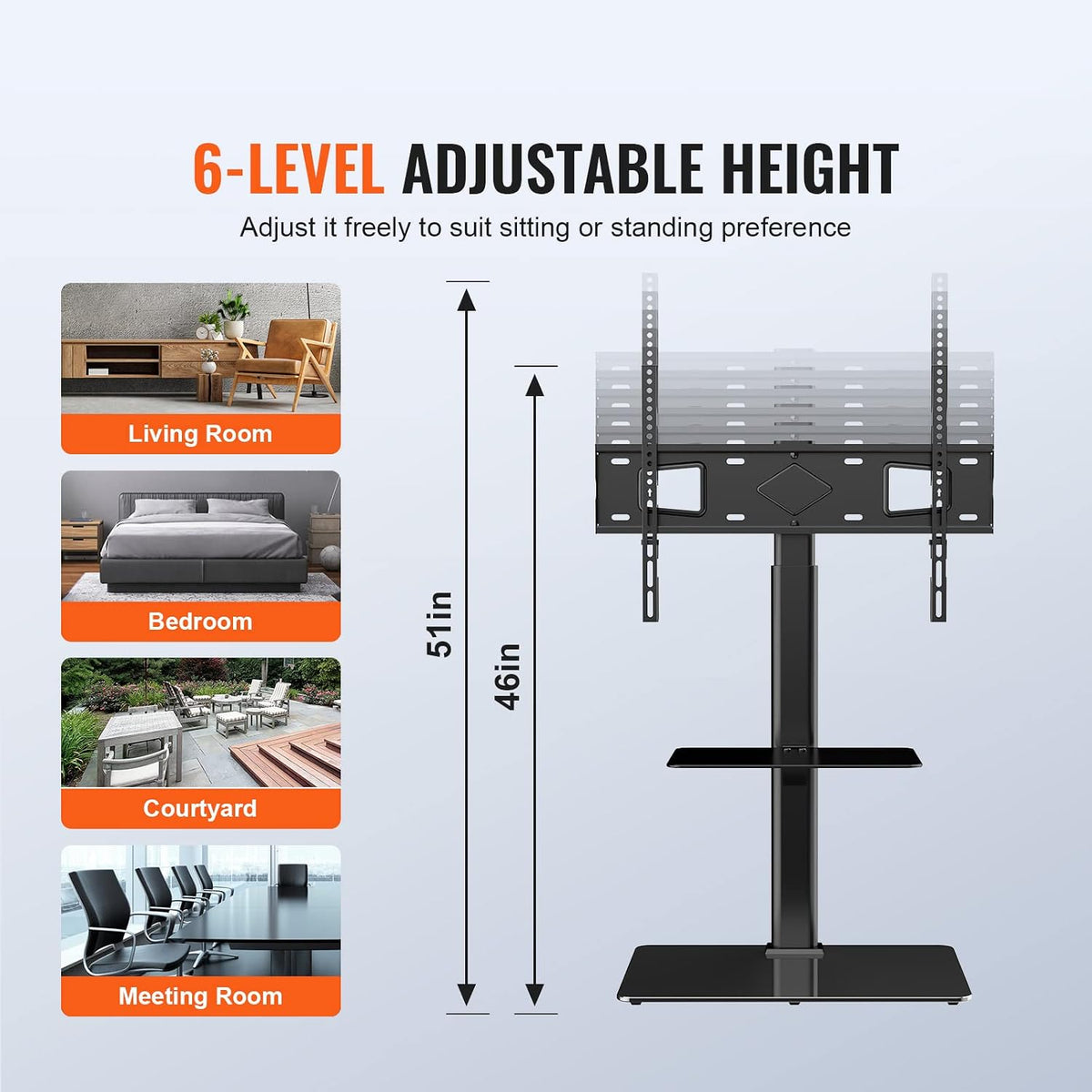VEVOR TV Stand Mount, Adjustable Swivel Floor Stand for 32-65 Inch TVs, Portable with Tempered Glass Base, Height Adjustable for Living Room or Bedroom