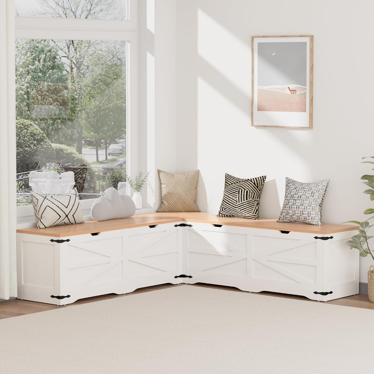 Godchoices Kitchen Breakfast Nook Bench, L Shape Corner Storage Bench, Farmhouse Corner Dining Bench with Hidden Storage for Dining Room, Living Room, Entryway