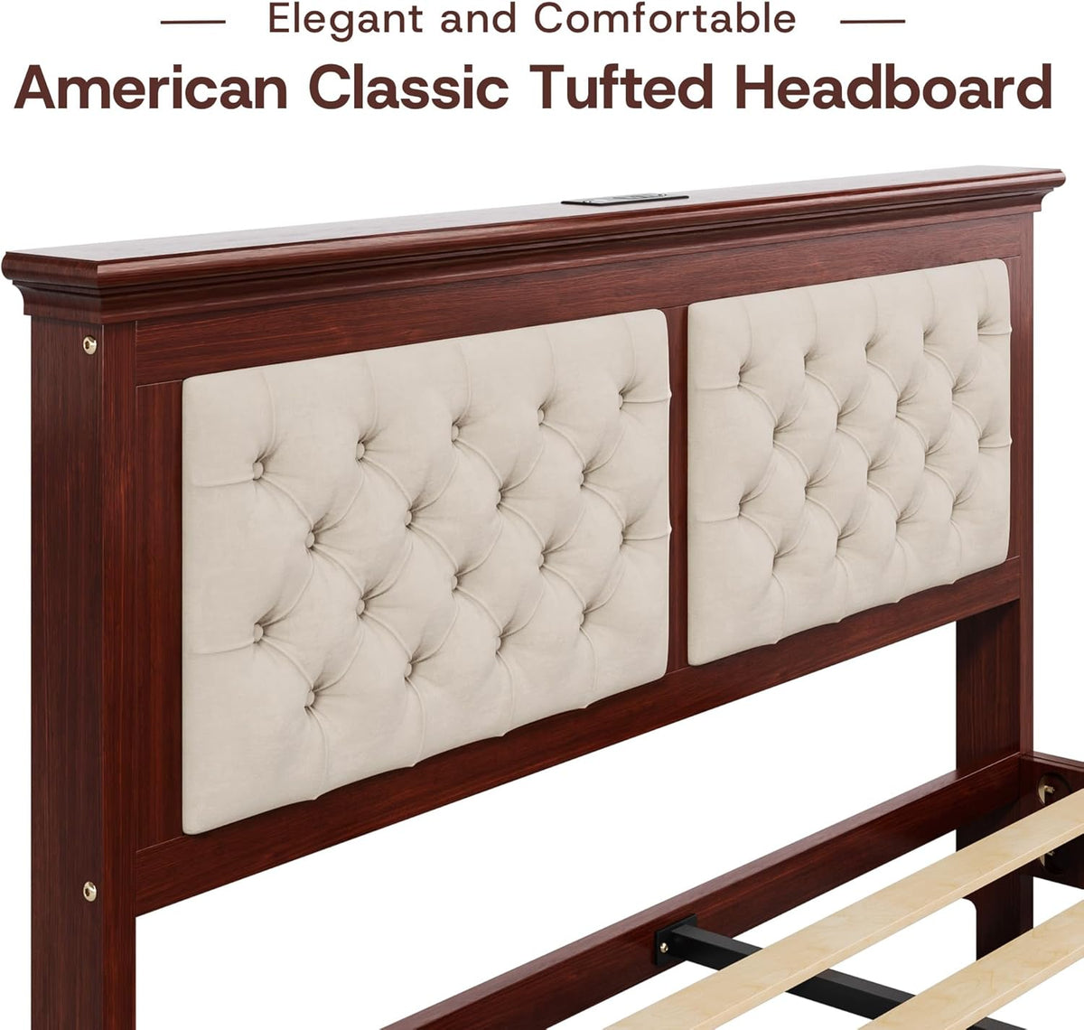 Lifezone Solid Wood Queen Bed Frame 41.5” Tall Diamond-Tufted Upholstered Headboard, American Classic Flat-Top Bed, Stable Structure, Wood Slats Support, Noise-Free, No Box Spring Needed, Redish Brown