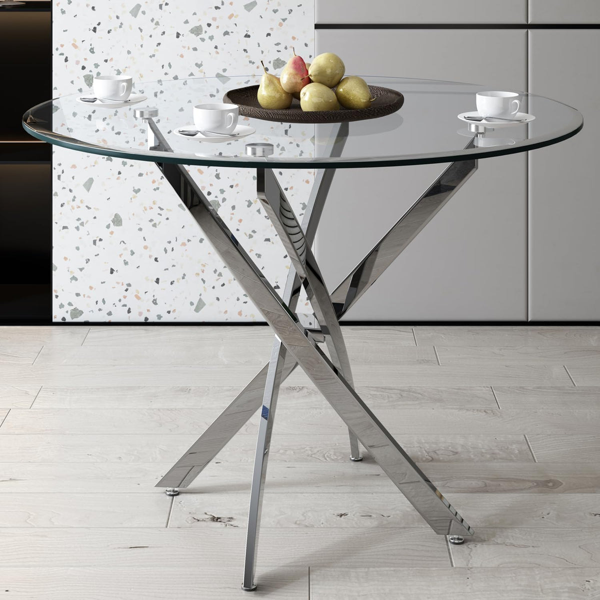 Modern Dining Table for 4 People, 36" Round Dining Table with Silver Chrome Metal X-Base, Circle Tempered Glass Dining Room Table, Small Kitchen Dining Room Tables Dinner Tables