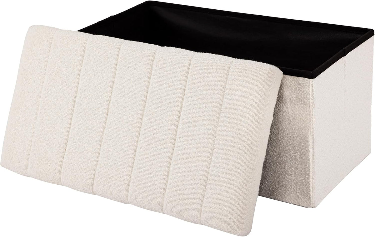 Seville Classics Cushioned Fabric Ottoman Hidden Storage Chest Footrest Chair, Padded Seat for Bedroom, Dorm, Loft, Living Room, Entryway, Hallway, White Boucle, 30" Bench