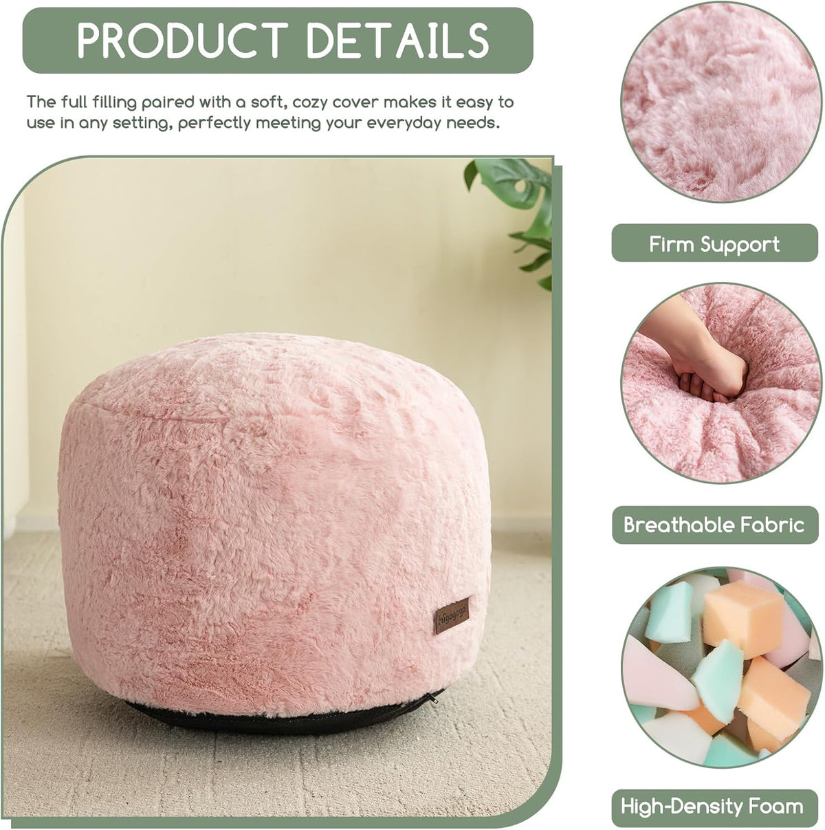HIGOGOGO Pouf Stuffed Ottoman Round Modern Foam Filled Foot Rest Chair Decorative Poufs 26 x 18 Inches Fluffy Boho Comfy Stool for Living Room, Pink