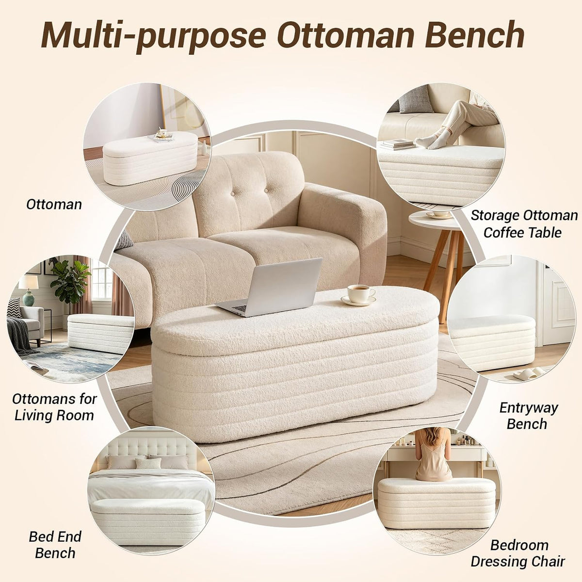 Ottoman with Storage 45.5" Storage Ottoman Bench White | Teddy Upholstered Entryway Bench Hidden Storage, No Assembly, Cozy, for Living Room, Bedroom, Apartment