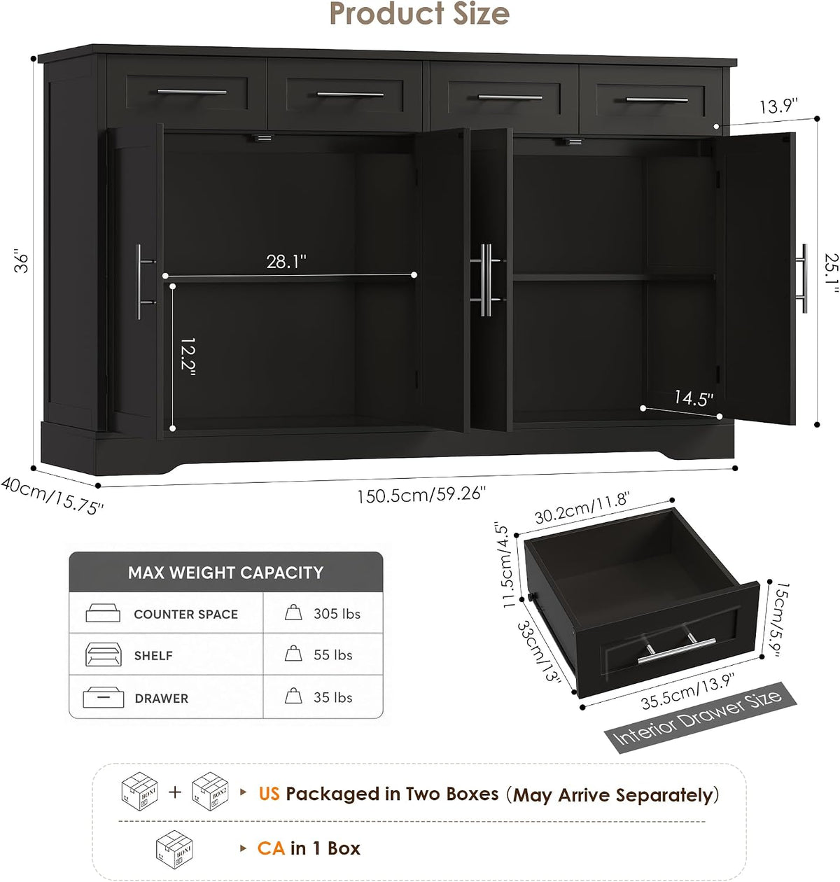 HOSTACK 60" W Sideboard Buffet Cabinet with Storage, Kitchen Cabinet, Black