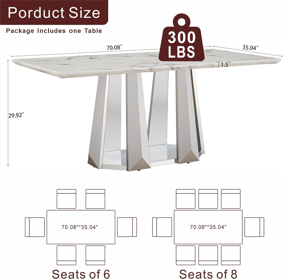 70'' Faux Marble Dining Table for 6-8, Modern Dining Room Table with Mirrored Stainless Steel Base, Suitable for Kitchen, Restaurant, Office, MDF Finish-White Silver