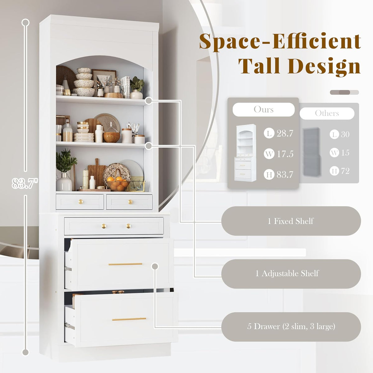 Mirightone 83.7Inch Tall Kitchen Pantry Cabinet, Corner Cabinet with 5 Storage Drawers and Adjustable Shelf, Freestanding Kitchen Pantry with Faux Marble Top. White