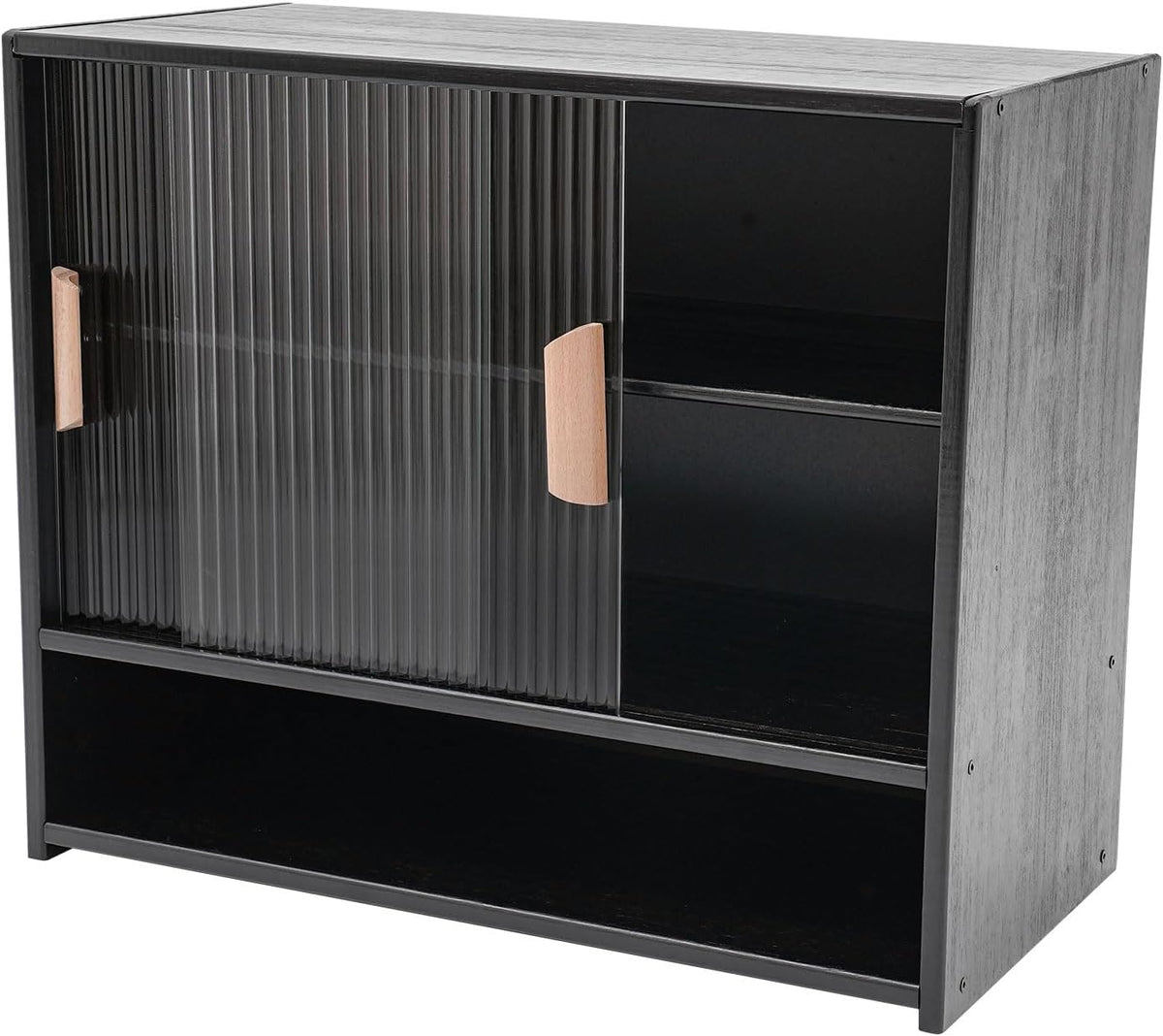 Countertop Storage Cabinet with 2 Sliding Striped Glass Doors, Freestanding Kitchen Bamboo Pantry Sideboard with Adjustable Shelf, Black Utility Cupboard for Home Bar, Coffee Bar