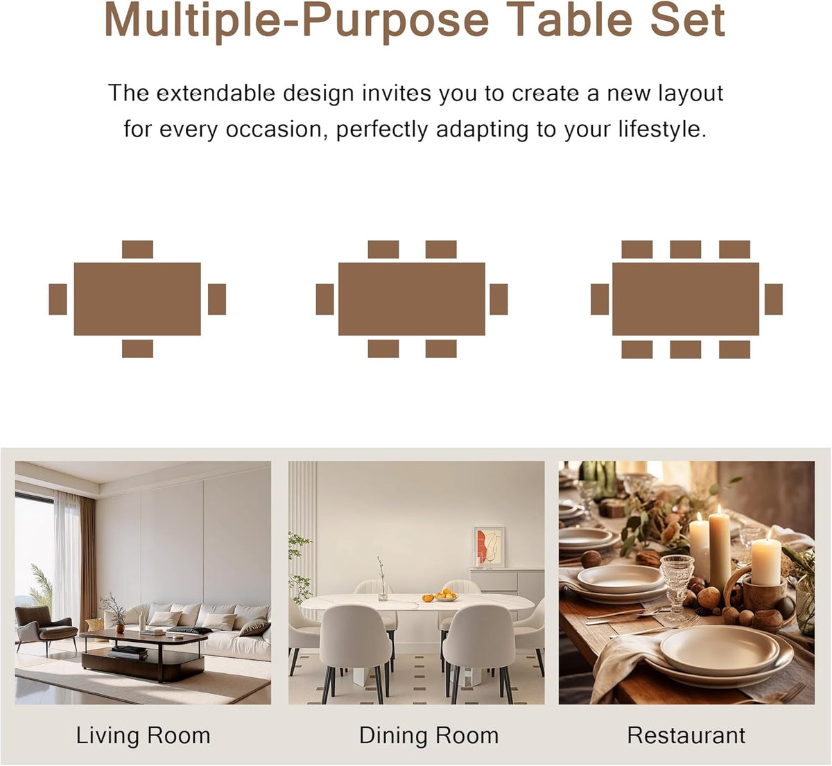 Einhomn 7-Piece Dining Table Set, 63" Extendable Kitchen Room Table with 6 Stools, Mid Century Modern Dinner Table with Metal Frame & MDF Board, Space-Saving, Easy Assembly, Walnut