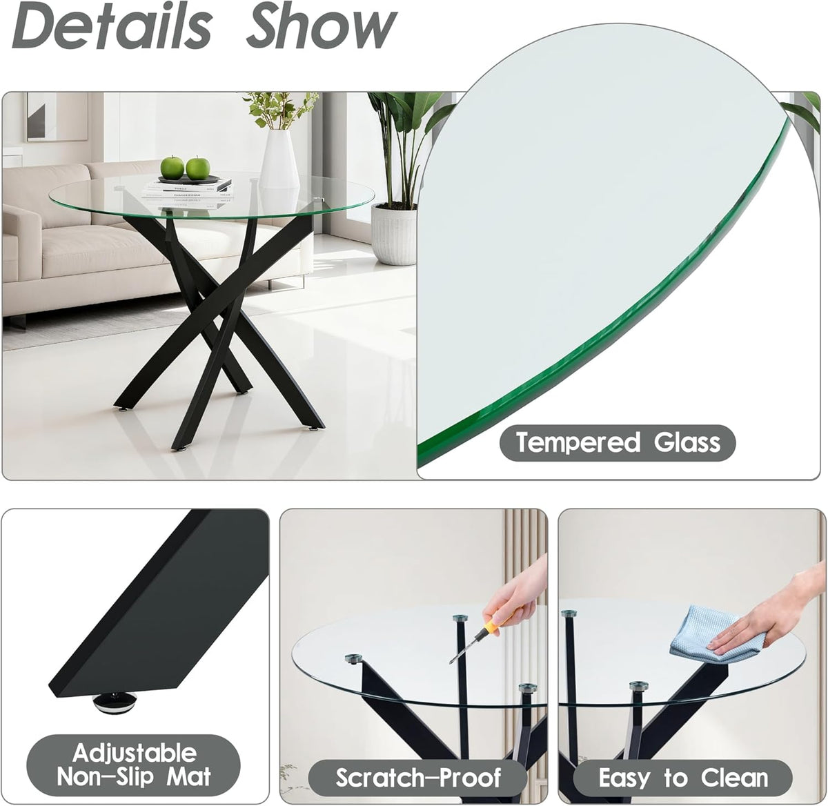 Modern Round Glass Dining Table Set for 4, 36'' Small Tempered Glass Tabletop Black Base with 4 Green Minimalism Dining Chairs, 5-Piece Clear Circle Dining Table Set(Easy Assemble)