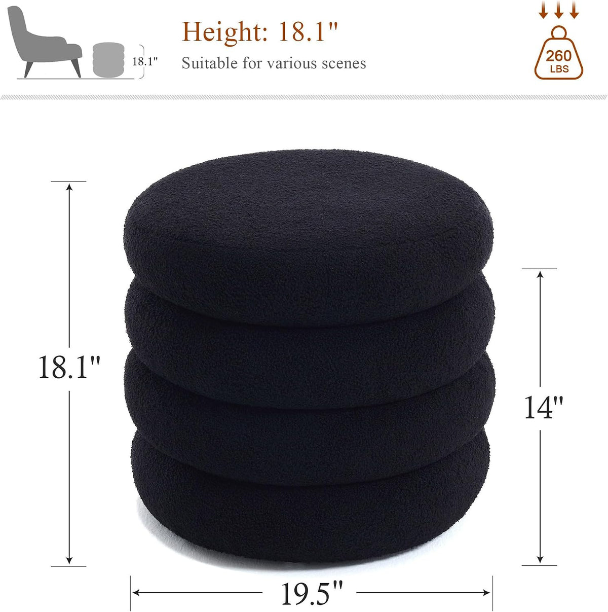 19.5 Inch Round Storage Ottoman, Modern Sherpa Ottoman Coffee Table with Removable Top, Black Vanity Stool with Storage for Bedroom, Living Room, Dorm, Set of 2