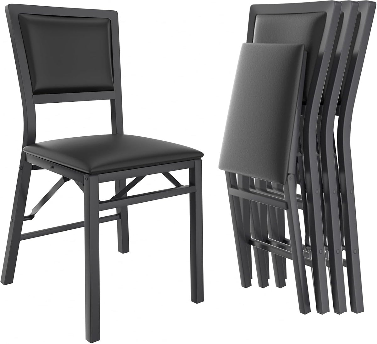 VECELO Folding Dining Chairs Set of 4, Metal Padded Foldable Seating with Comfortable Faux Leather, Space-Saving Portable Guest Seats for Kitchen & Office, No Assembly, Black