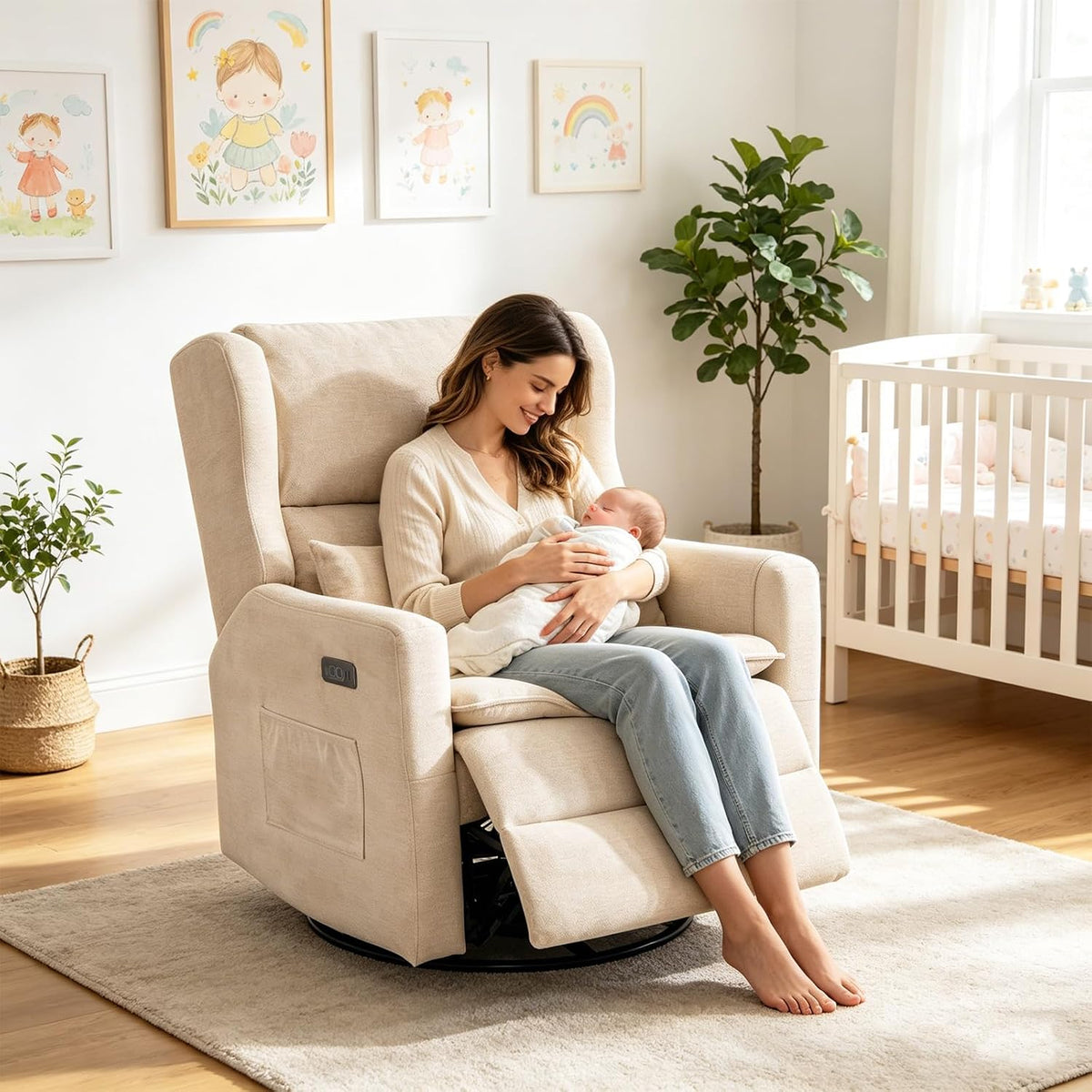 Power Recliner Chair Swivel Glider,Oversized Nursery Chair Recliner with Lumbar Support, Upholstered Swivel Rocker Recliner Chair, Glider Nursery Chair with Adjustable Headrest, Beige