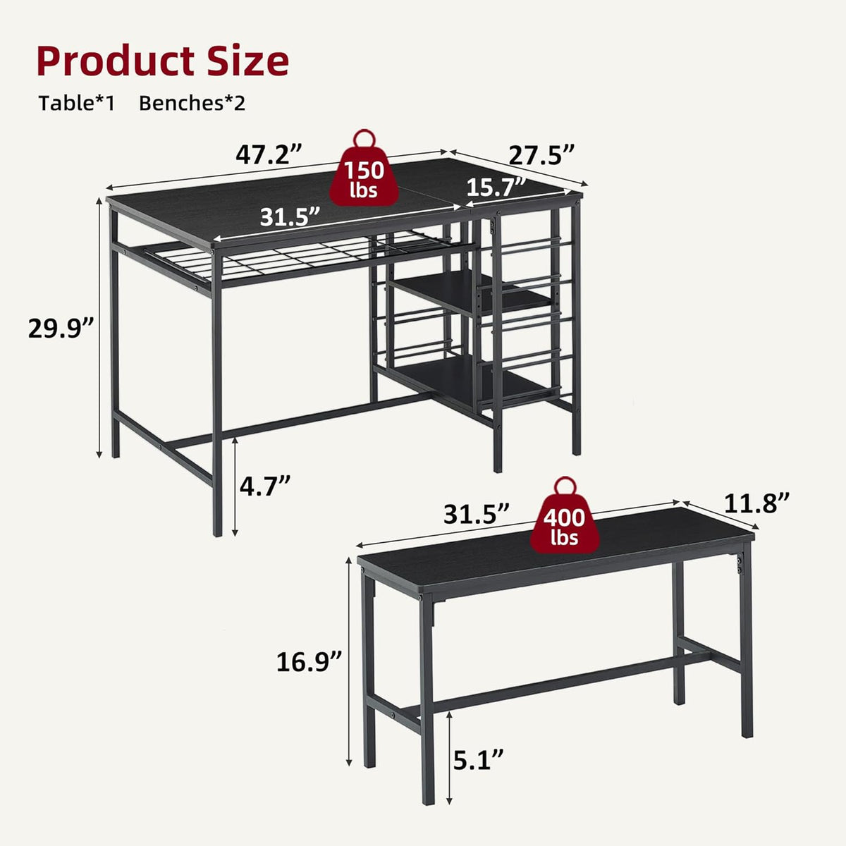 Garvee Dining Table Set for 4, Kitchen Table Set for 4 with 2 Benches, 3 Piece Dining Room Table Set for Small Space Apartment, Black