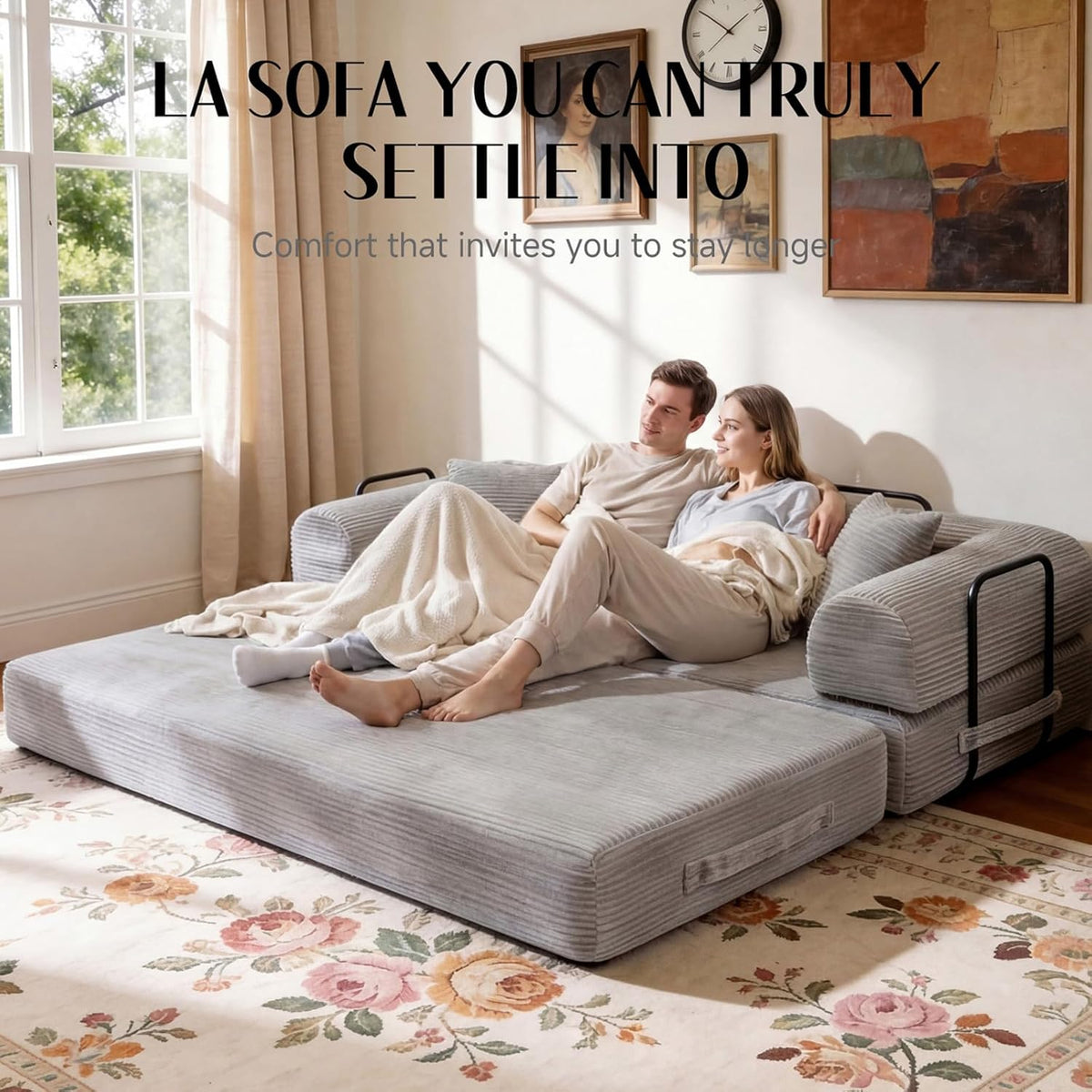 79'' Convertible Sofa Bed, Couch-in-a-Box, Corduroy Floor Futon Loveseat Sleeper, 26'' Deep Seat, Removable Machine-Wash Covers, No Assembly, 2 Pillows, Light Grey