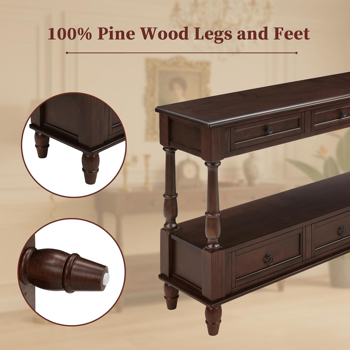 Vintage Solid Wood Console Table with 6 Drawers - 54" Hallway Sofa Table with Bottom Shelf for Entrance, Living Room & Foyer, Espresso