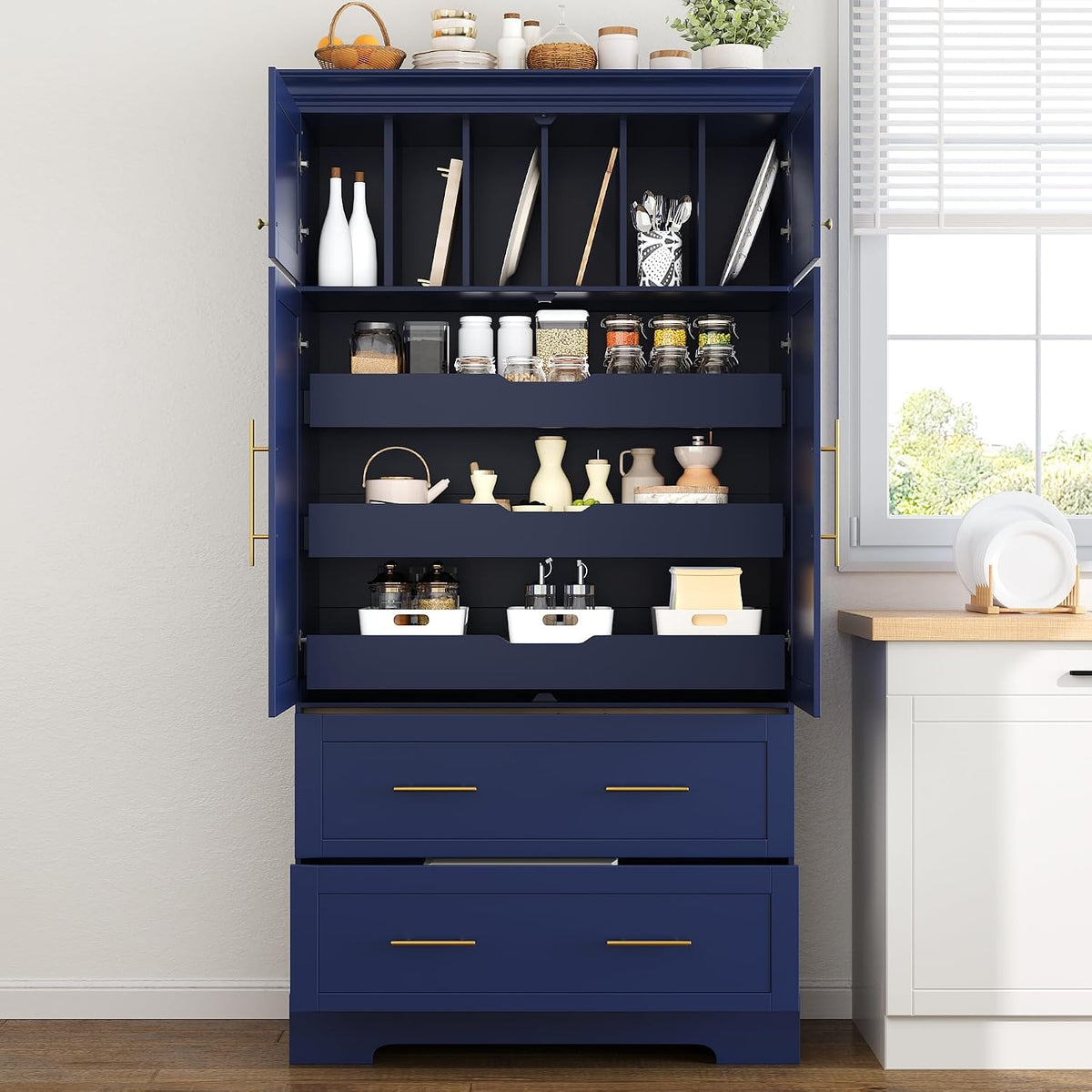 LUMISOL 72" Tall Farmhouse Kitchen Pantry with 4 Doors,Dining Storage Cabinet with Pull-Out Trays, Freestanding Storage Cabinets with Drawers and Cake Pan Storage Organizer, Blue