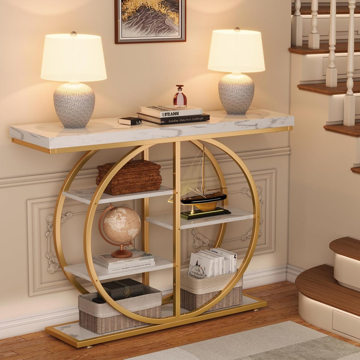 LIFECHOVY 41.3" Console Table for Entryway, Industrial Hallway Sofa Table with Storage Shelves, Narrow Accent Decor Living Room Furniture with Circle Base for Foyer, Entrance, White Gold