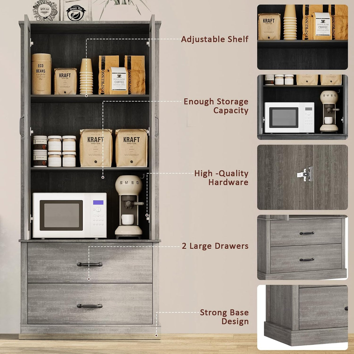 65" Tall Kitchen Pantry Cabinet with Barn Doors, Drawers & Adjustable Shelf, Farmhouse Storage Cabinet with Doors and Shelves for Kitchen Pantry Storage Cabinet, Dining Room, Laundry & Entryway, Grey